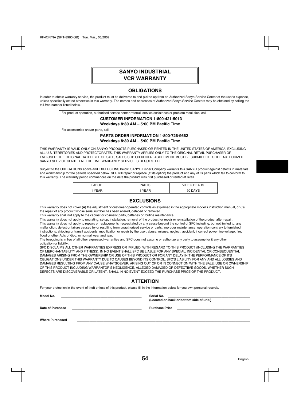 Sanyo industrial vcr warranty, Obligations, Exclusions | Attention | Sanyo SRT-8040 User Manual | Page 55 / 56