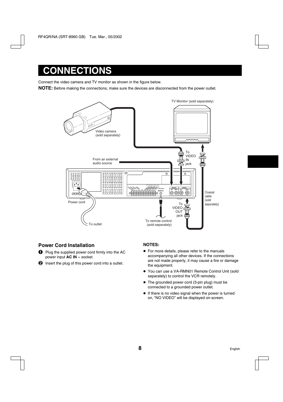 Connections, Power cord installation, A lar m r ese t) | Insert the plug of this power cord into a outlet | Sanyo SRT-8040 User Manual | Page 9 / 56