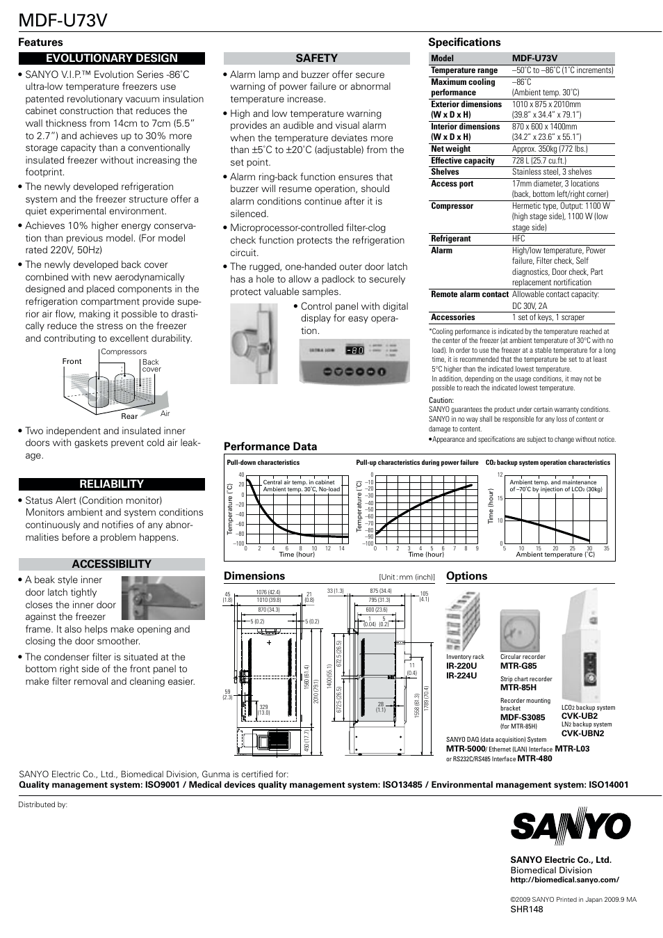 Mdf-u73v, Dimensions, Performance data safety | Accessibility, Reliability, Evolutionary design, Specifications features, Options | Sanyo MDF-U73V User Manual | Page 2 / 2