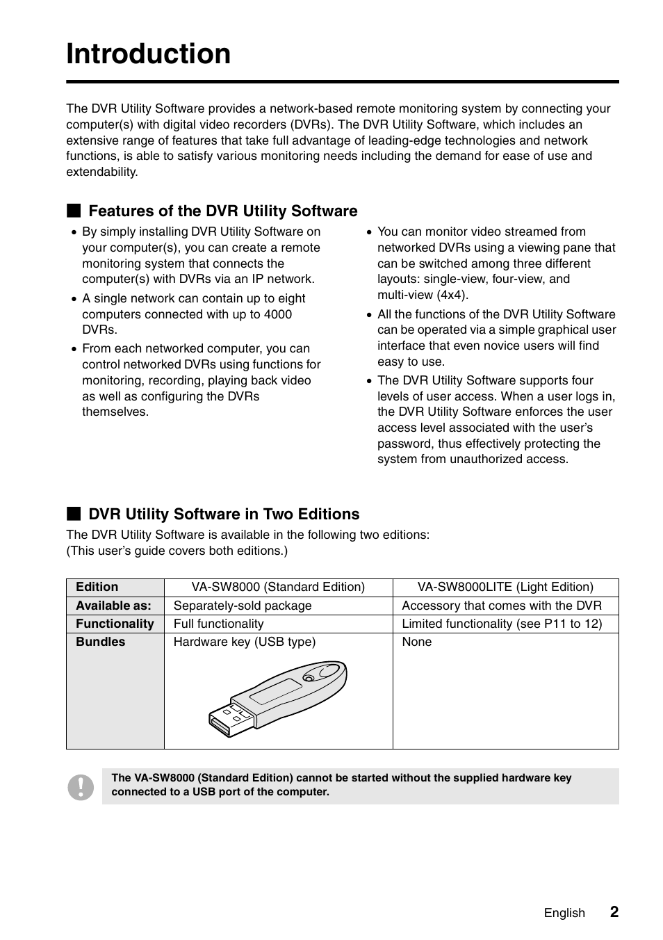 Introduction, B features of the dvr utility software, B dvr utility software in two editions | Sanyo VA-SW8000 User Manual | Page 3 / 132