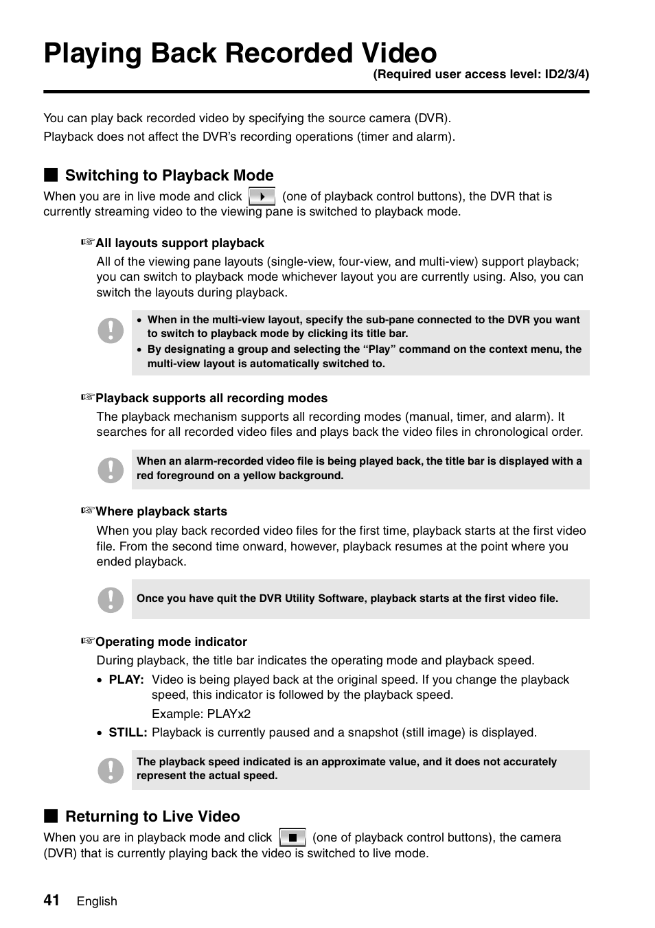 Playing back recorded video, B switching to playback mode, B returning to live video | Sanyo VA-SW8000 User Manual | Page 42 / 132