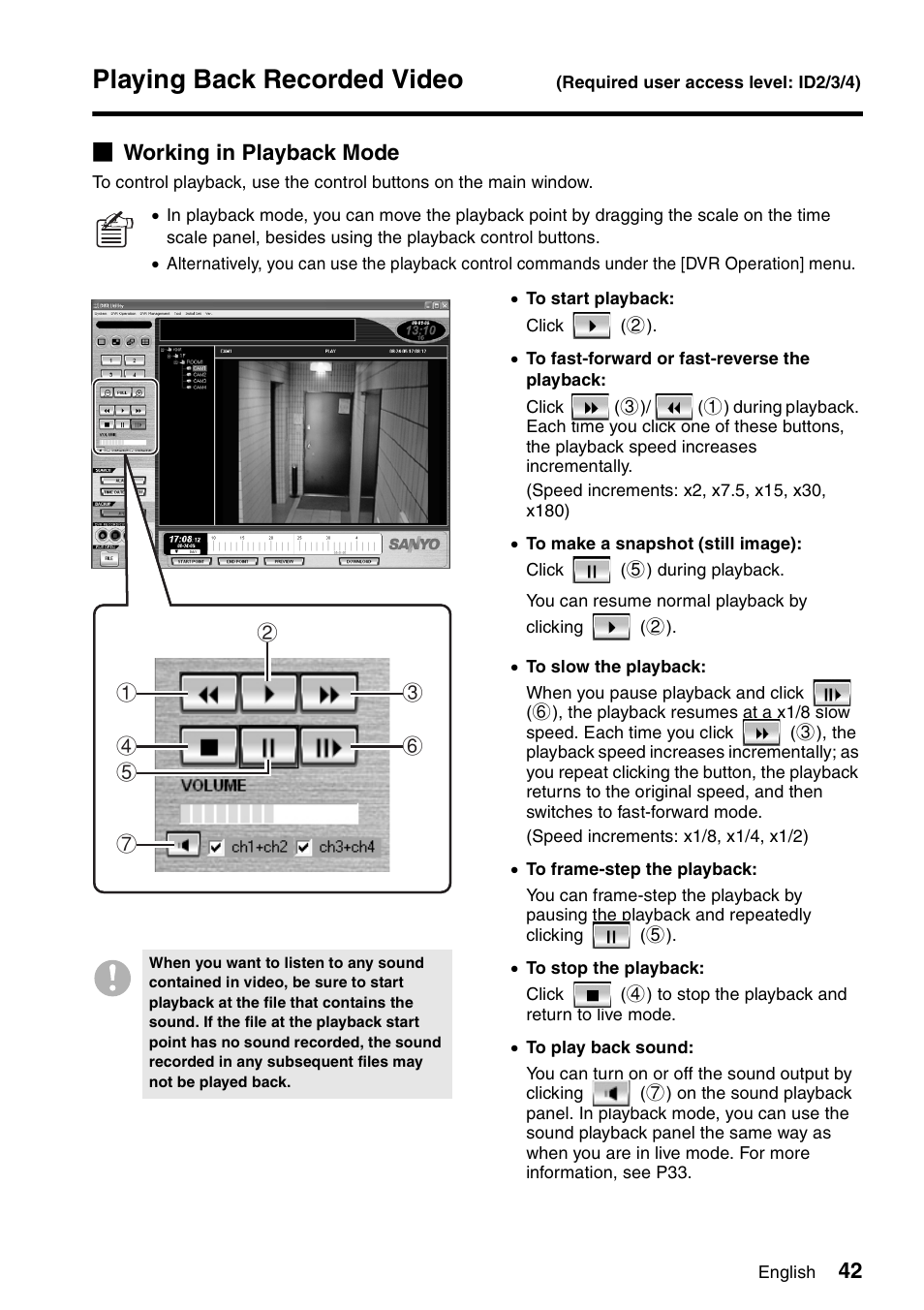 Playing back recorded video, B working in playback mode | Sanyo VA-SW8000 User Manual | Page 43 / 132