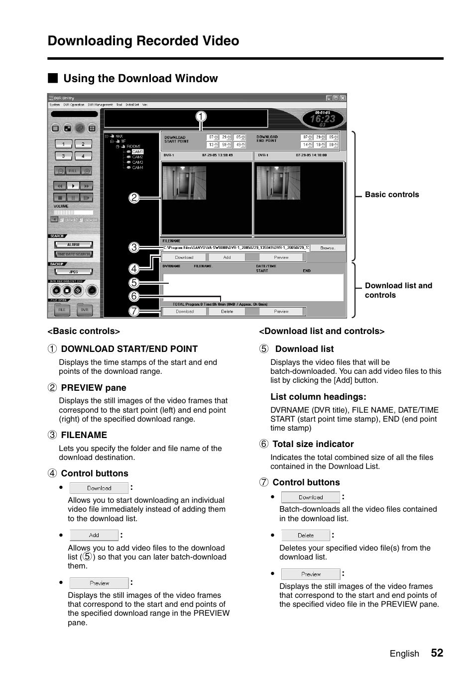 Downloading recorded video, B using the download window | Sanyo VA-SW8000 User Manual | Page 53 / 132