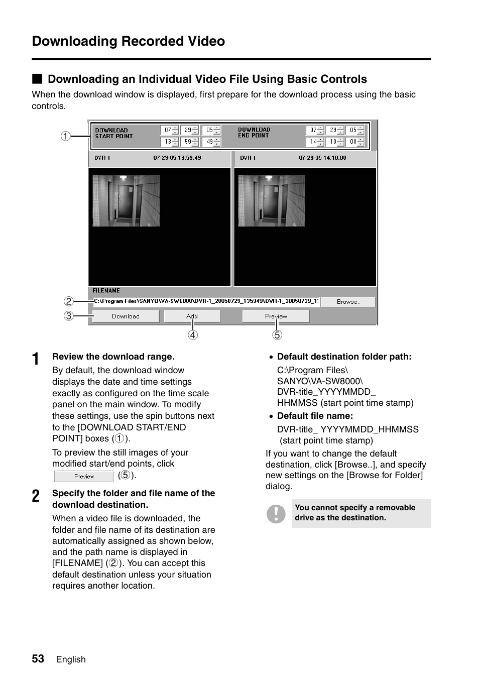 Downloading recorded video | Sanyo VA-SW8000 User Manual | Page 54 / 132