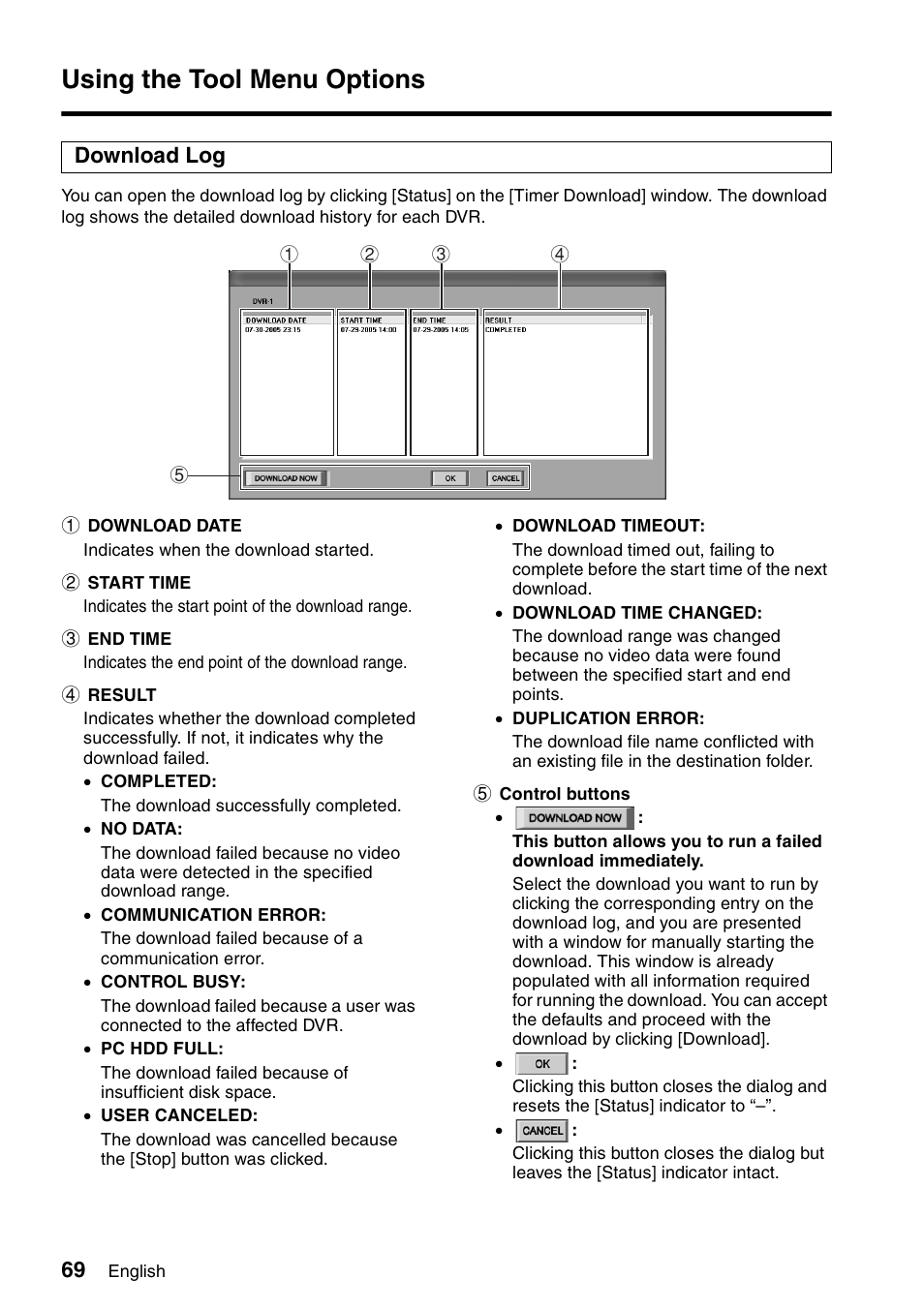 Using the tool menu options, Download log | Sanyo VA-SW8000 User Manual | Page 70 / 132