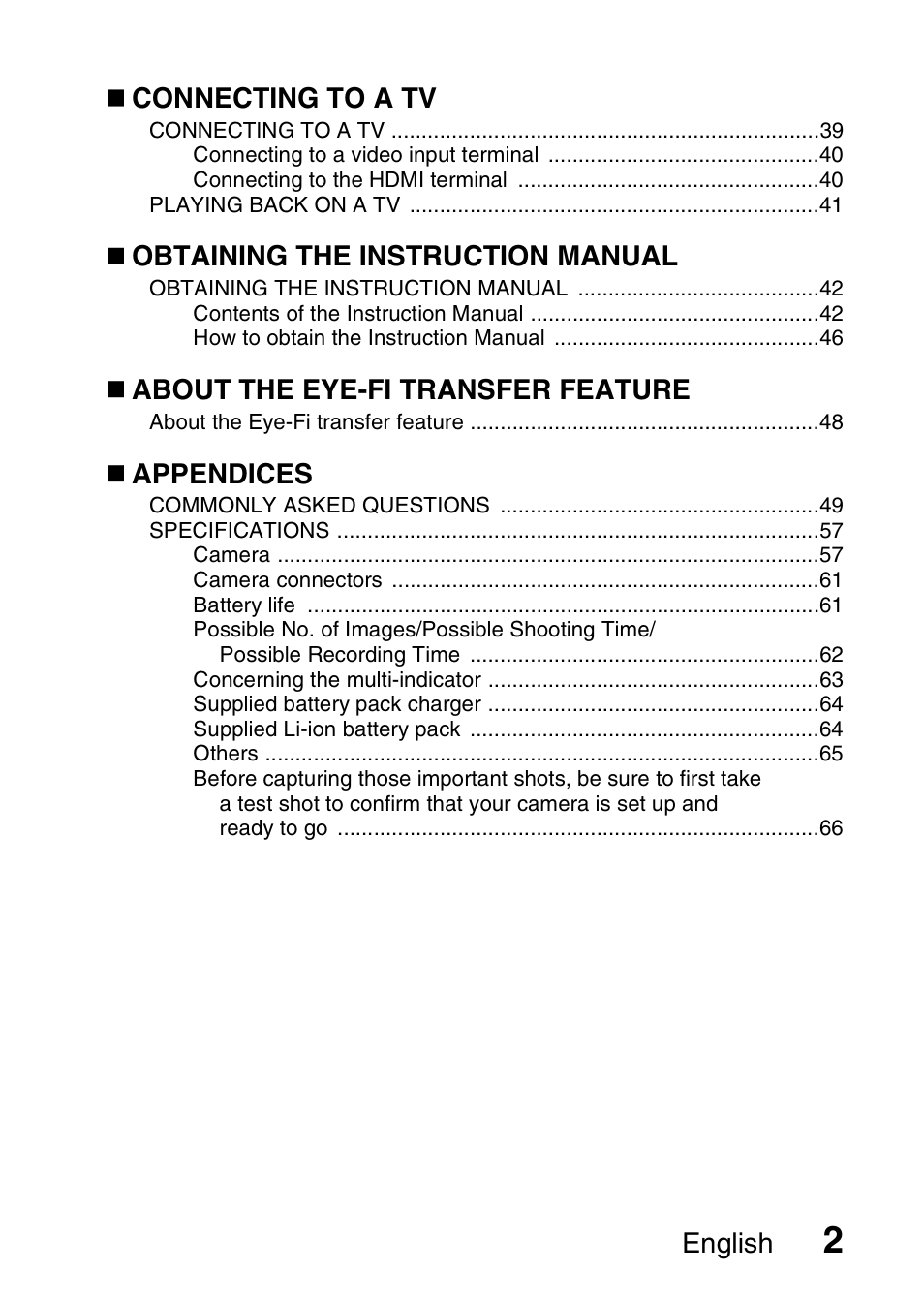 English, Connecting to a tv, Obtaining the instruction manual | About the eye-fi transfer feature, Appendices | Sanyo VPC-CG100EX User Manual | Page 11 / 76