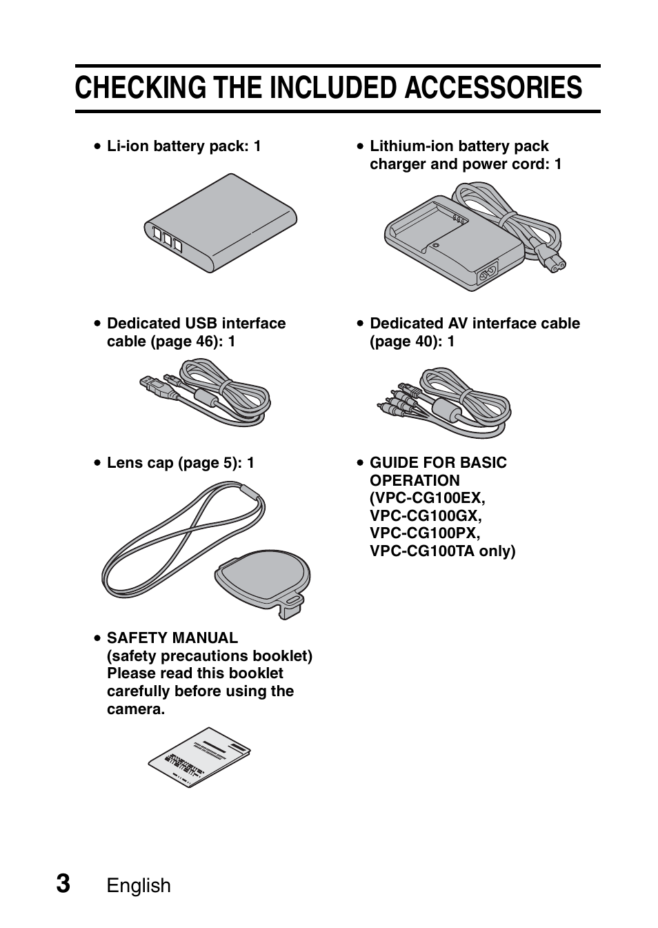 Checking the included accessories, English | Sanyo VPC-CG100EX User Manual | Page 12 / 76