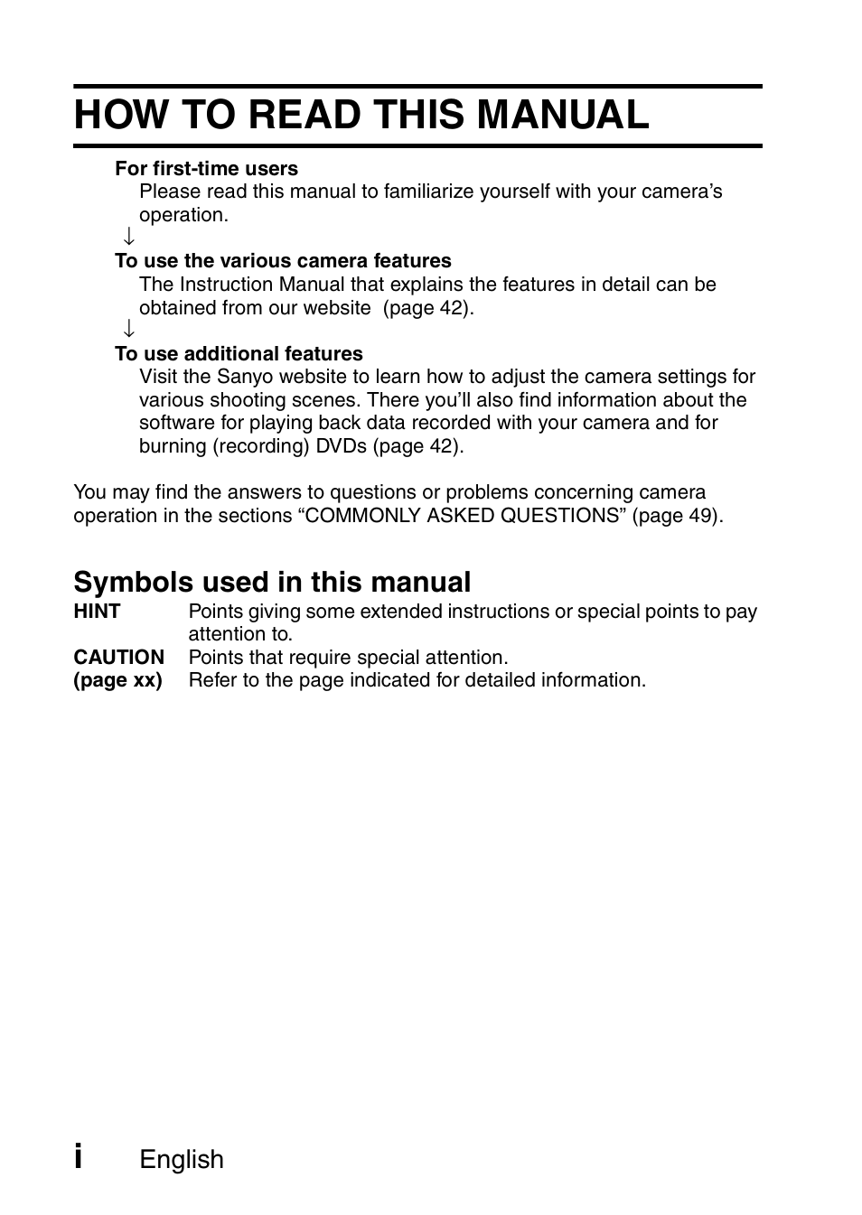 How to read this manual, Symbols used in this manual, English | Sanyo VPC-CG100EX User Manual | Page 2 / 76