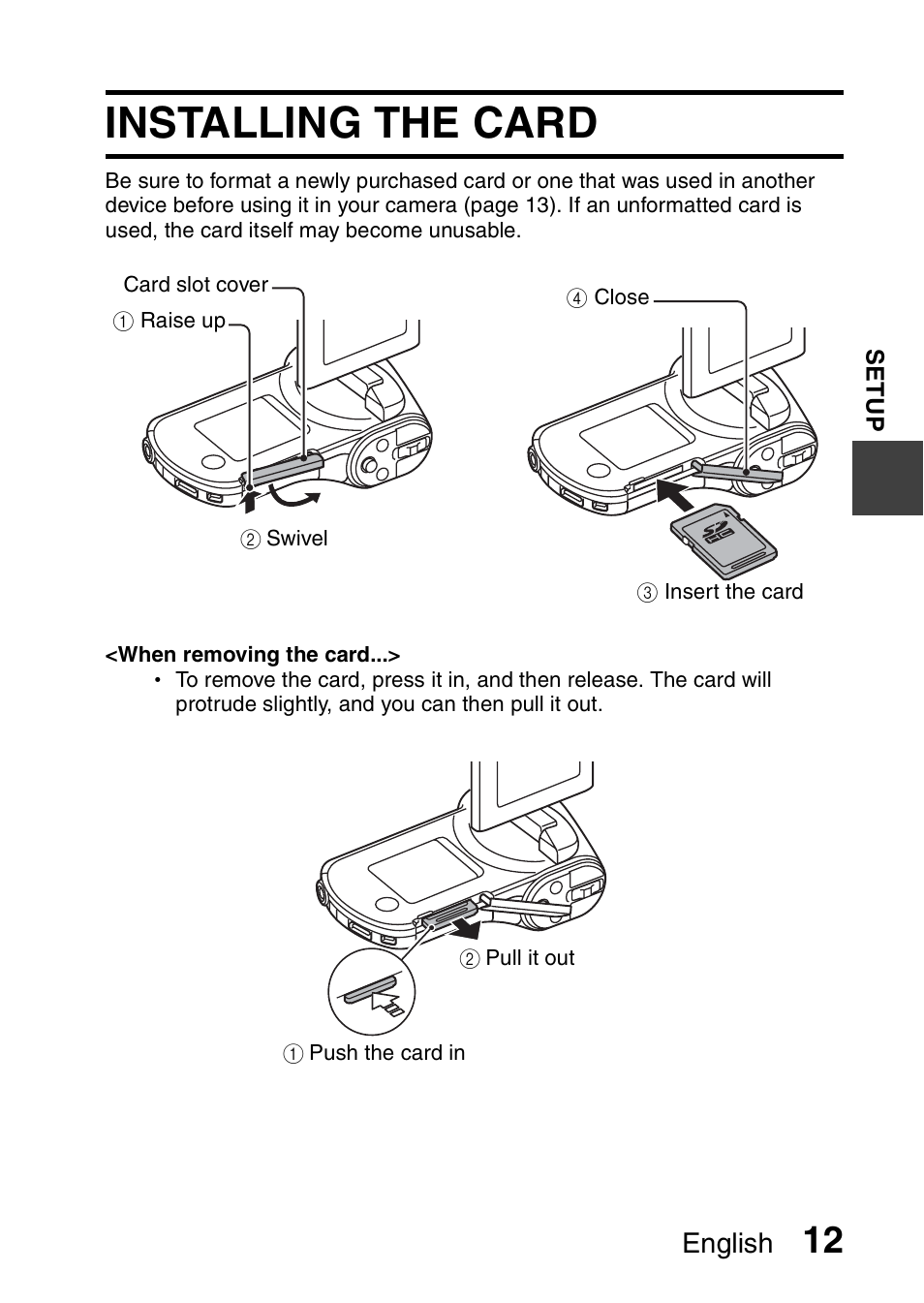 Installing the card, English | Sanyo VPC-CG100EX User Manual | Page 21 / 76
