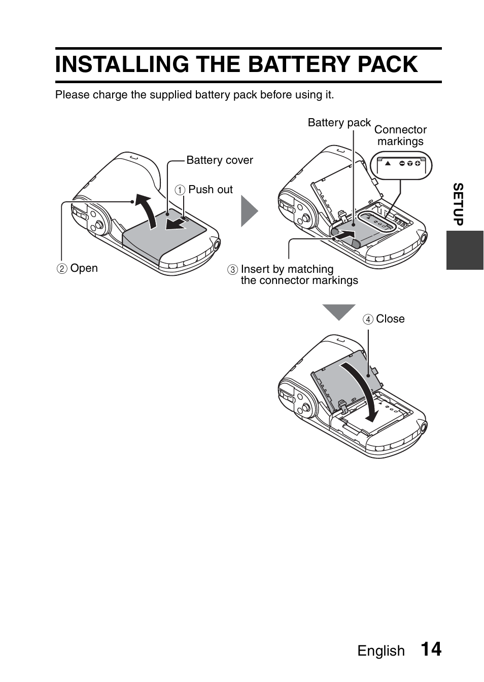 Installing the battery pack, English | Sanyo VPC-CG100EX User Manual | Page 23 / 76
