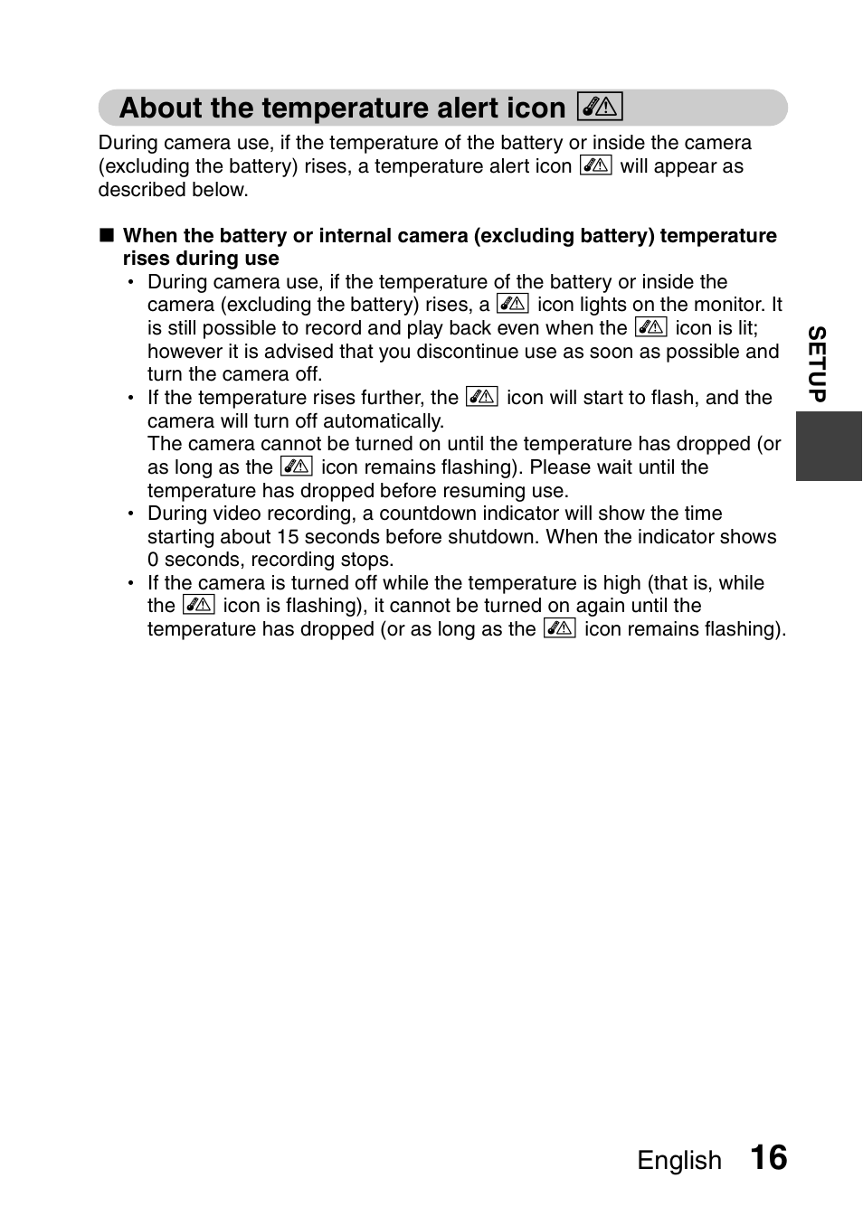 About the temperature alert icon, English | Sanyo VPC-CG100EX User Manual | Page 25 / 76