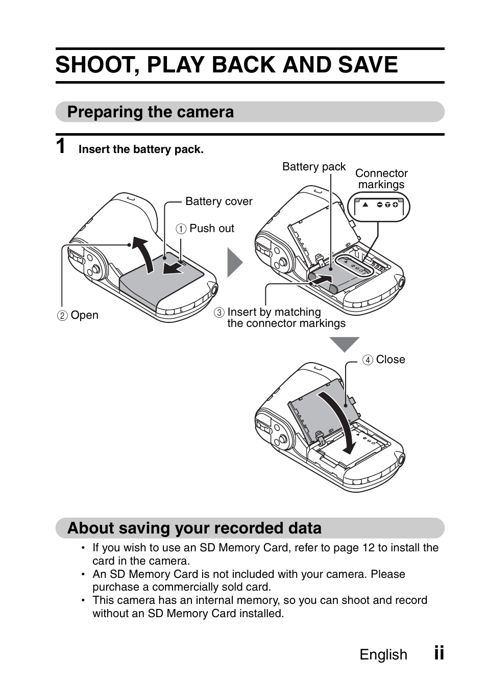 Shoot, play back and save, Preparing the camera, About saving your recorded data | Sanyo VPC-CG100EX User Manual | Page 3 / 76