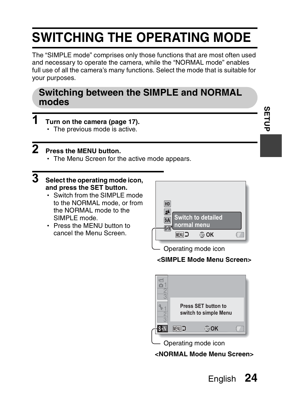 Switching the operating mode, Switching between the simple and normal modes, English | Sanyo VPC-CG100EX User Manual | Page 33 / 76