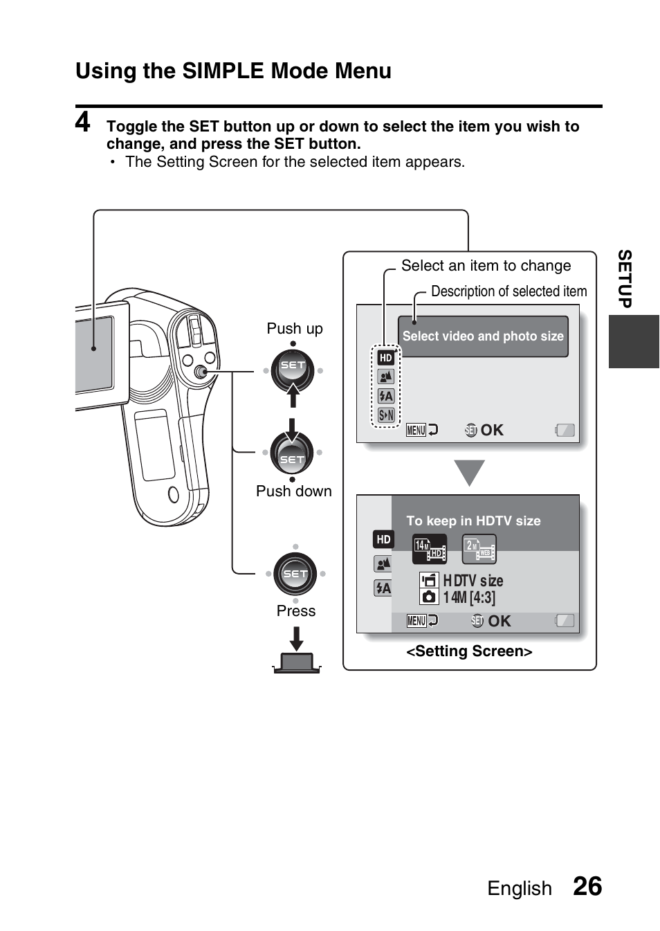 Using the simple mode menu, English | Sanyo VPC-CG100EX User Manual | Page 35 / 76