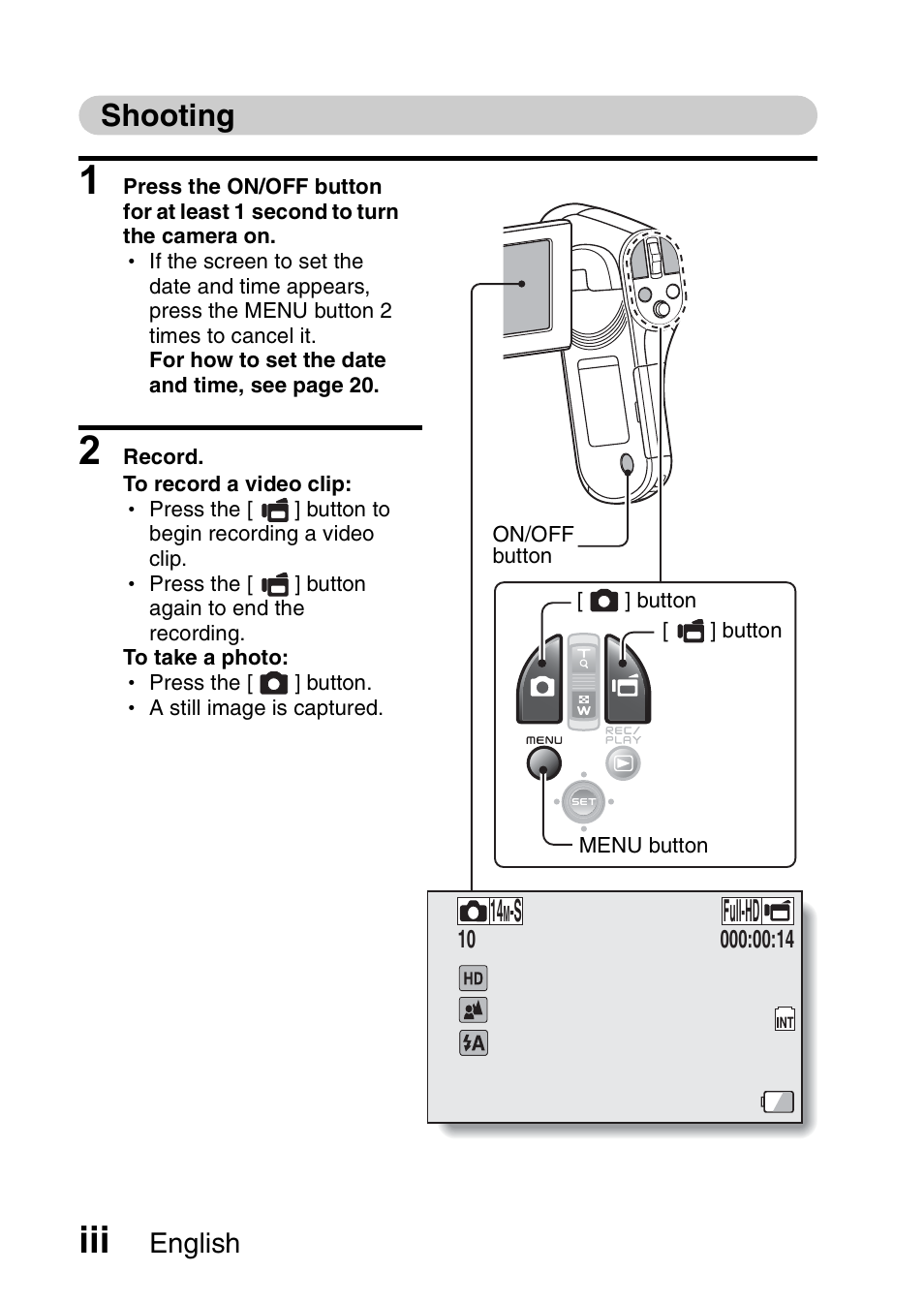 Shooting, Full-hd 14 | Sanyo VPC-CG100EX User Manual | Page 4 / 76