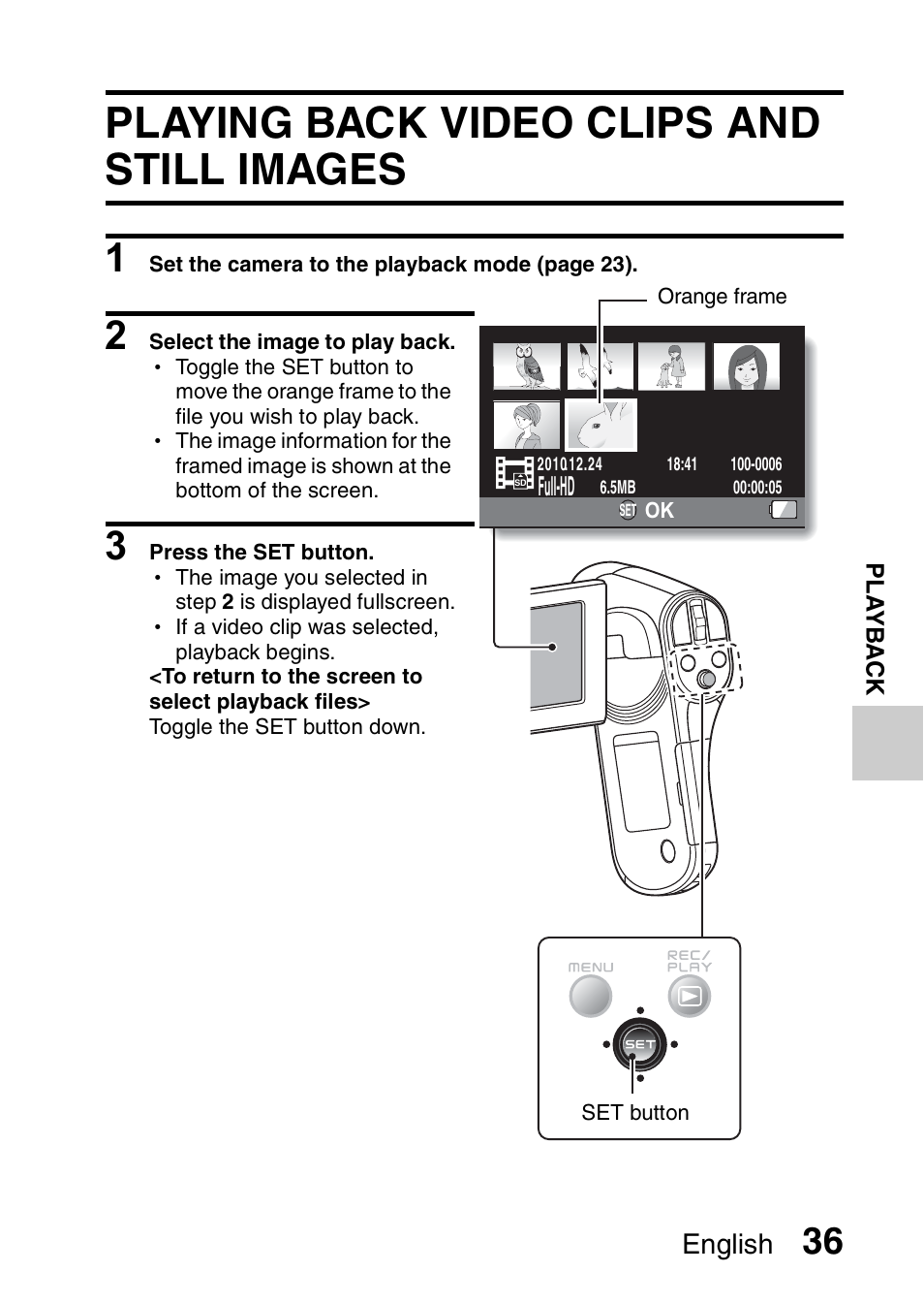 Playback, Playing back video clips and still images, English | Sanyo VPC-CG100EX User Manual | Page 45 / 76