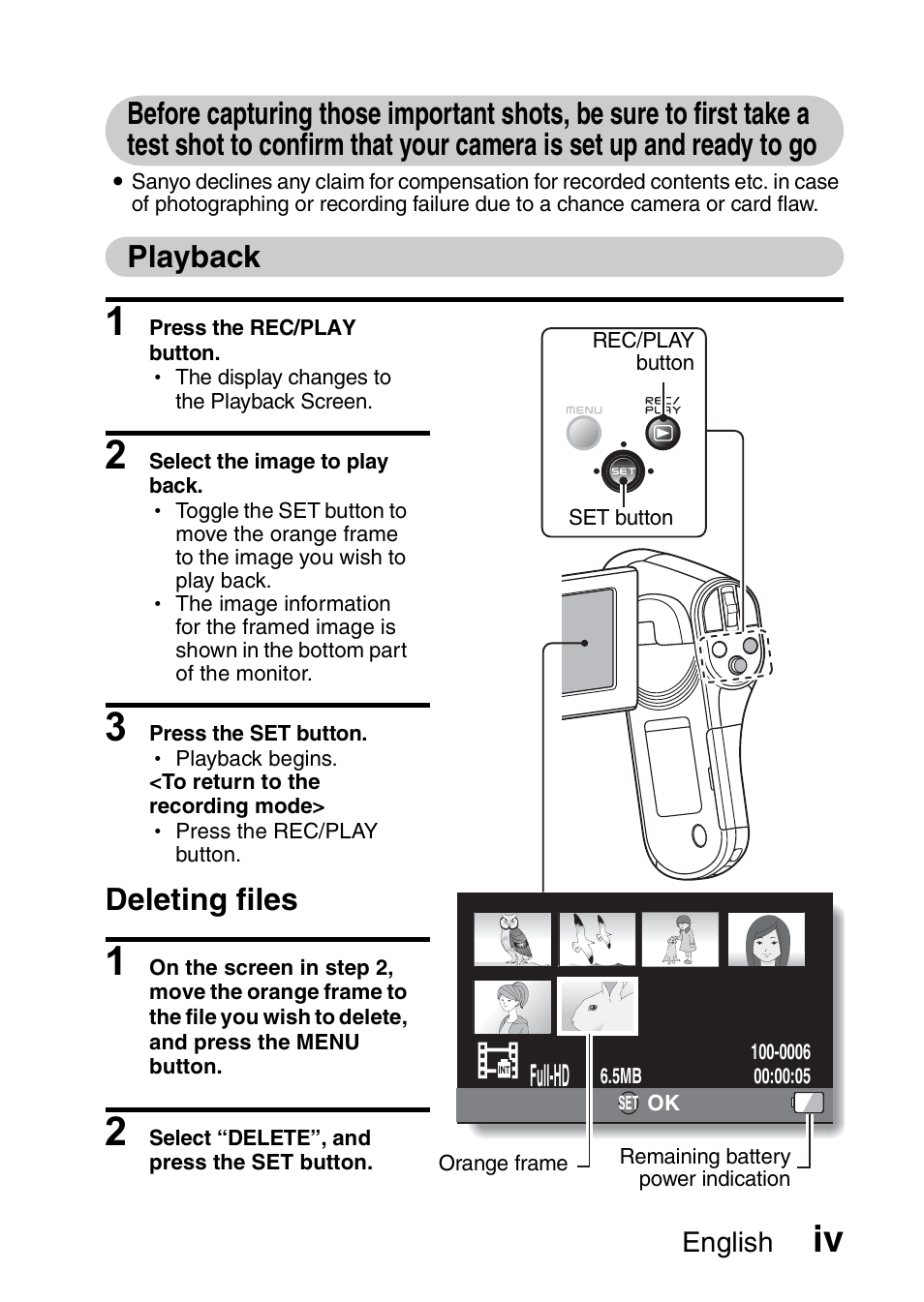 Playback, Deleting files, Full-hd | Sanyo VPC-CG100EX User Manual | Page 5 / 76