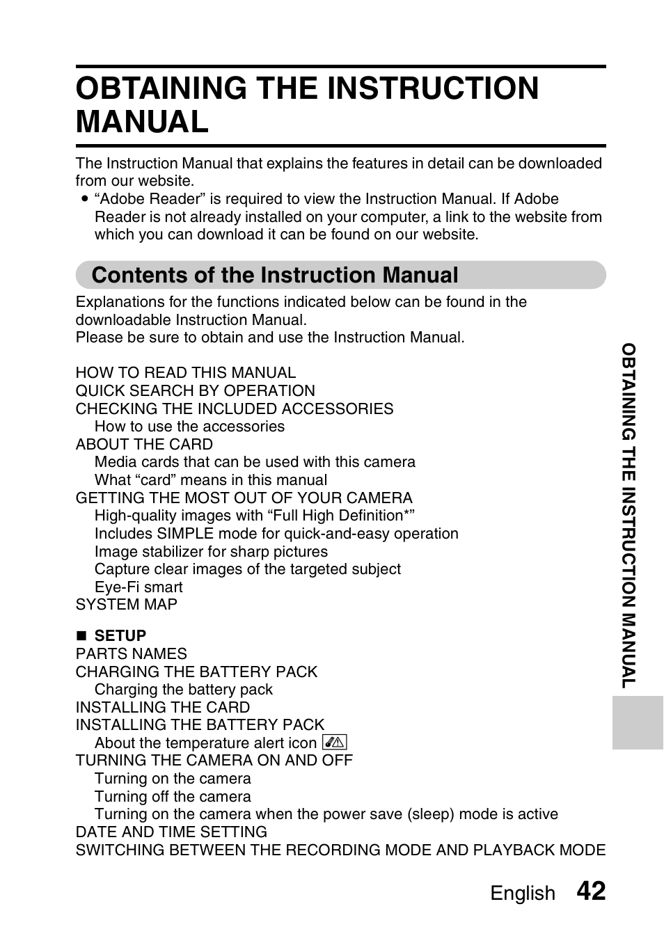 Obtaining the instruction manual, Contents of the instruction manual, English | Sanyo VPC-CG100EX User Manual | Page 51 / 76