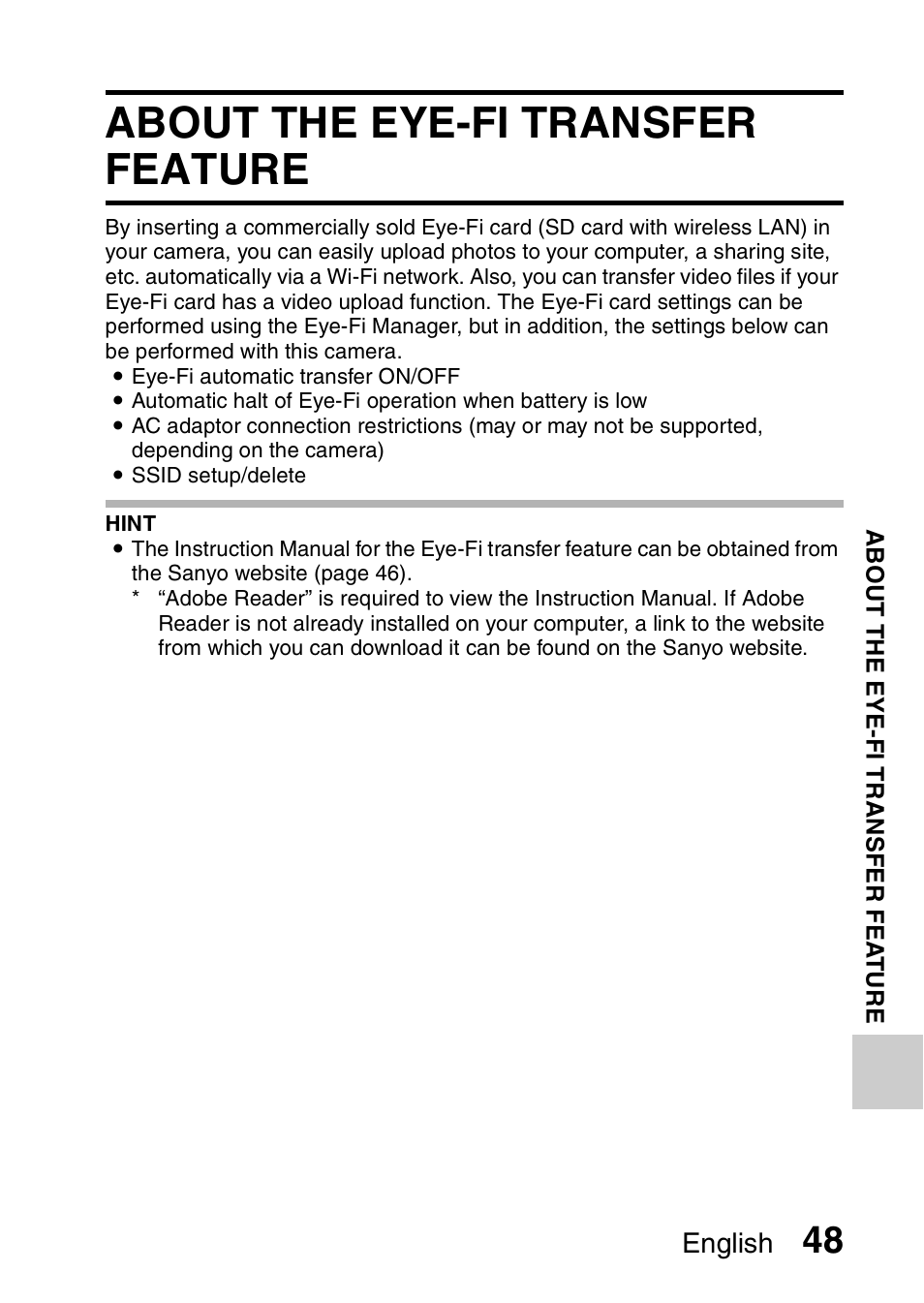 About the eye-fi transfer feature, English | Sanyo VPC-CG100EX User Manual | Page 57 / 76