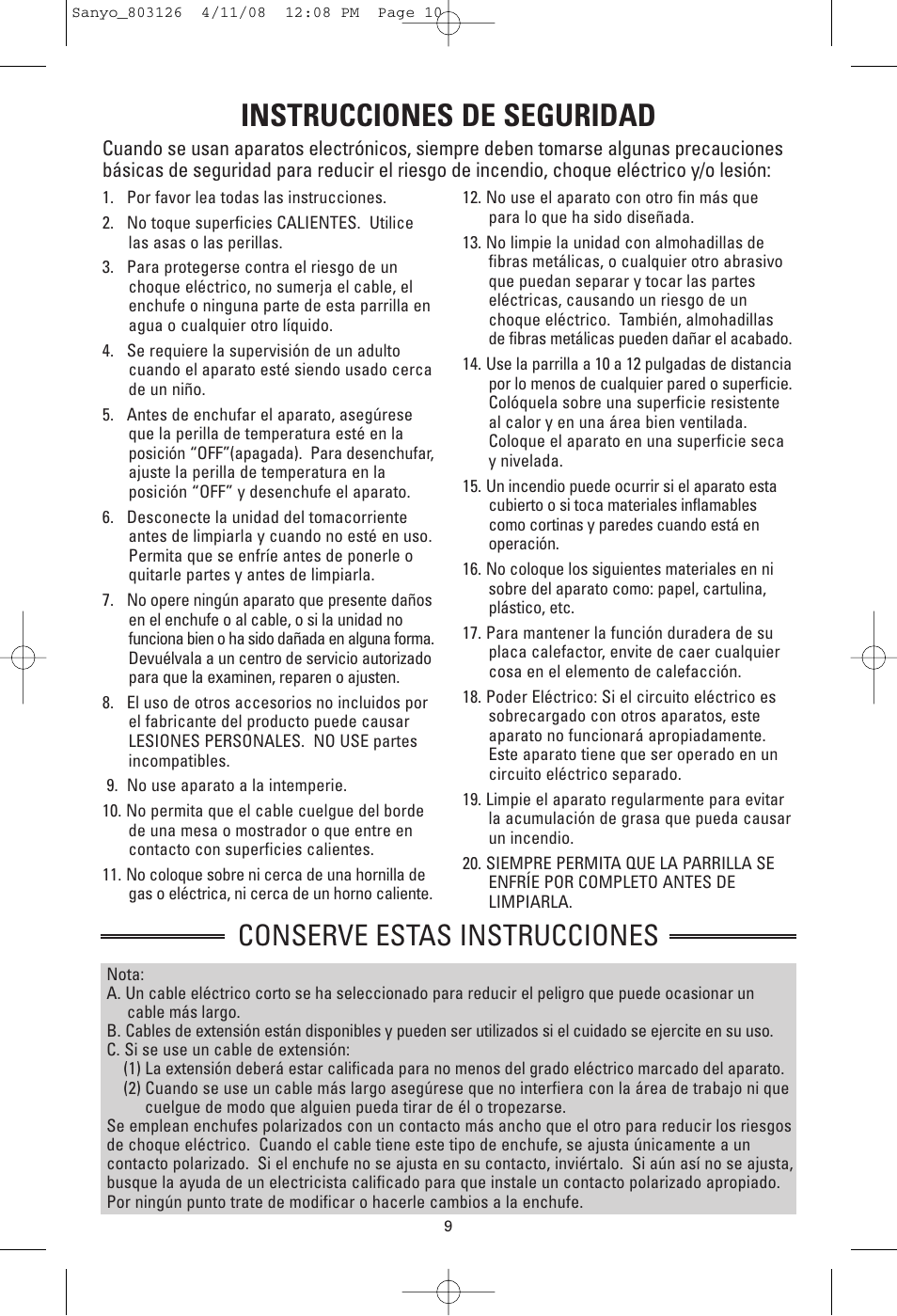 Instrucciones de seguridad, Conserve estas instrucciones | Sanyo HPS-SG4 User Manual | Page 10 / 16