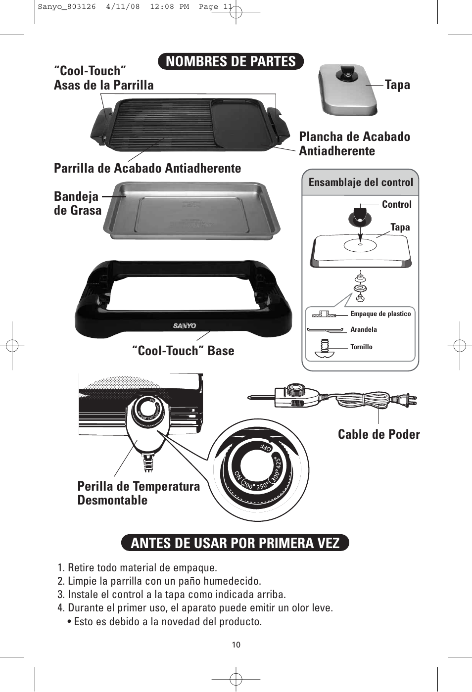 Antes de usar por primera vez nombres de partes | Sanyo HPS-SG4 User Manual | Page 11 / 16