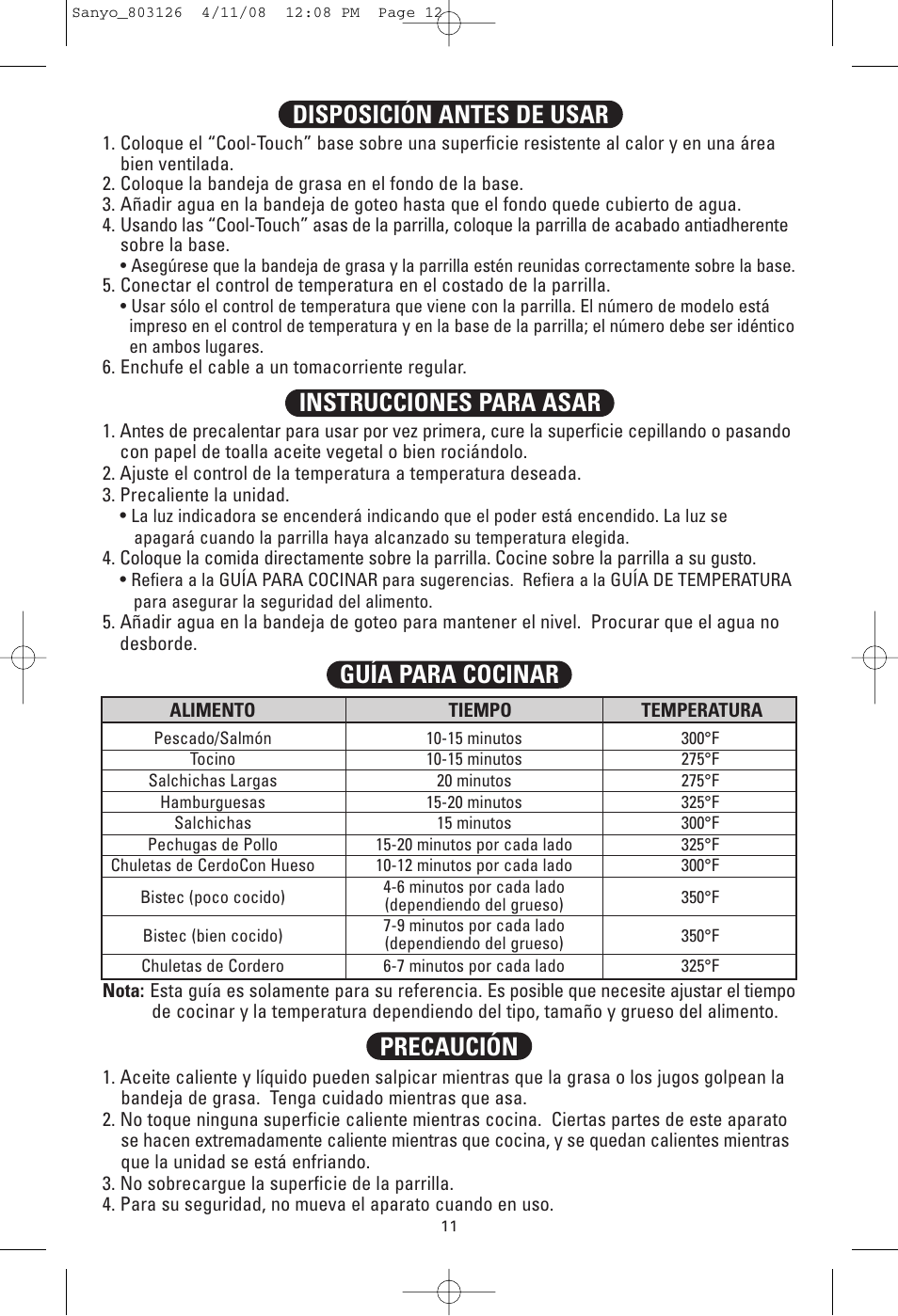 Disposición antes de usar, Guía para cocinar, Precaución | Instrucciones para asar | Sanyo HPS-SG4 User Manual | Page 12 / 16
