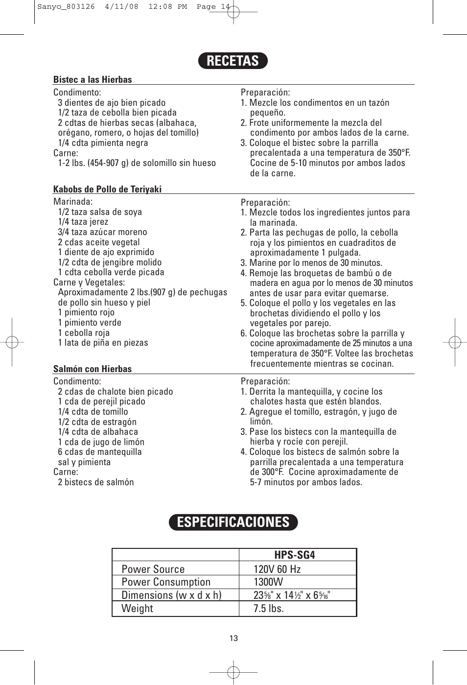 Especificaciones recetas | Sanyo HPS-SG4 User Manual | Page 14 / 16