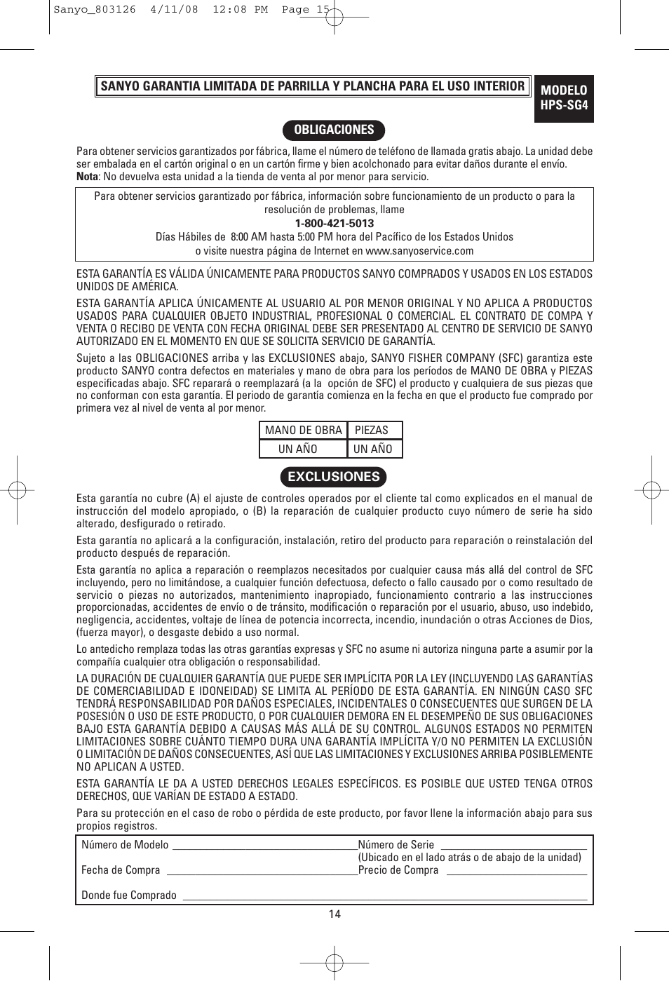 Sanyo HPS-SG4 User Manual | Page 15 / 16