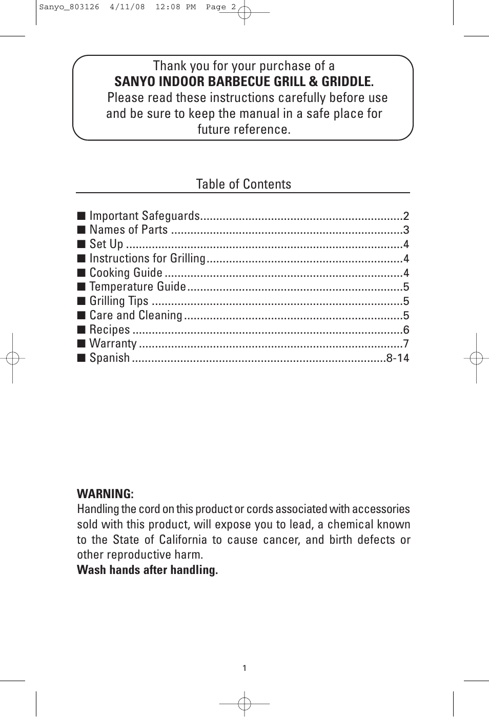 Sanyo HPS-SG4 User Manual | Page 2 / 16