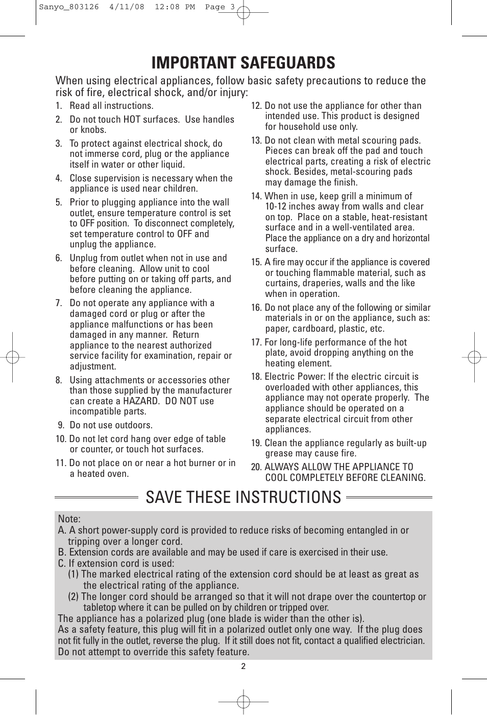 Important safeguards, Save these instructions | Sanyo HPS-SG4 User Manual | Page 3 / 16