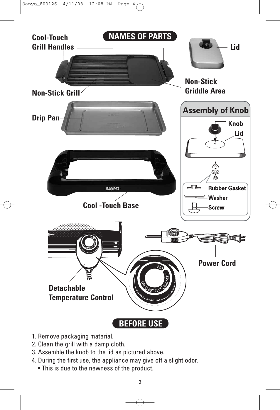 Before use names of parts | Sanyo HPS-SG4 User Manual | Page 4 / 16