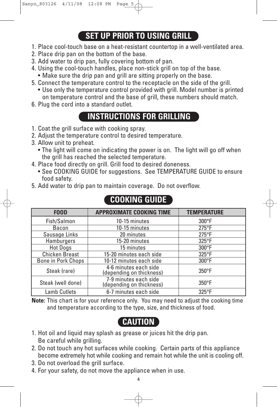Set up prior to using grill, Instructions for grilling cooking guide, Caution | Sanyo HPS-SG4 User Manual | Page 5 / 16