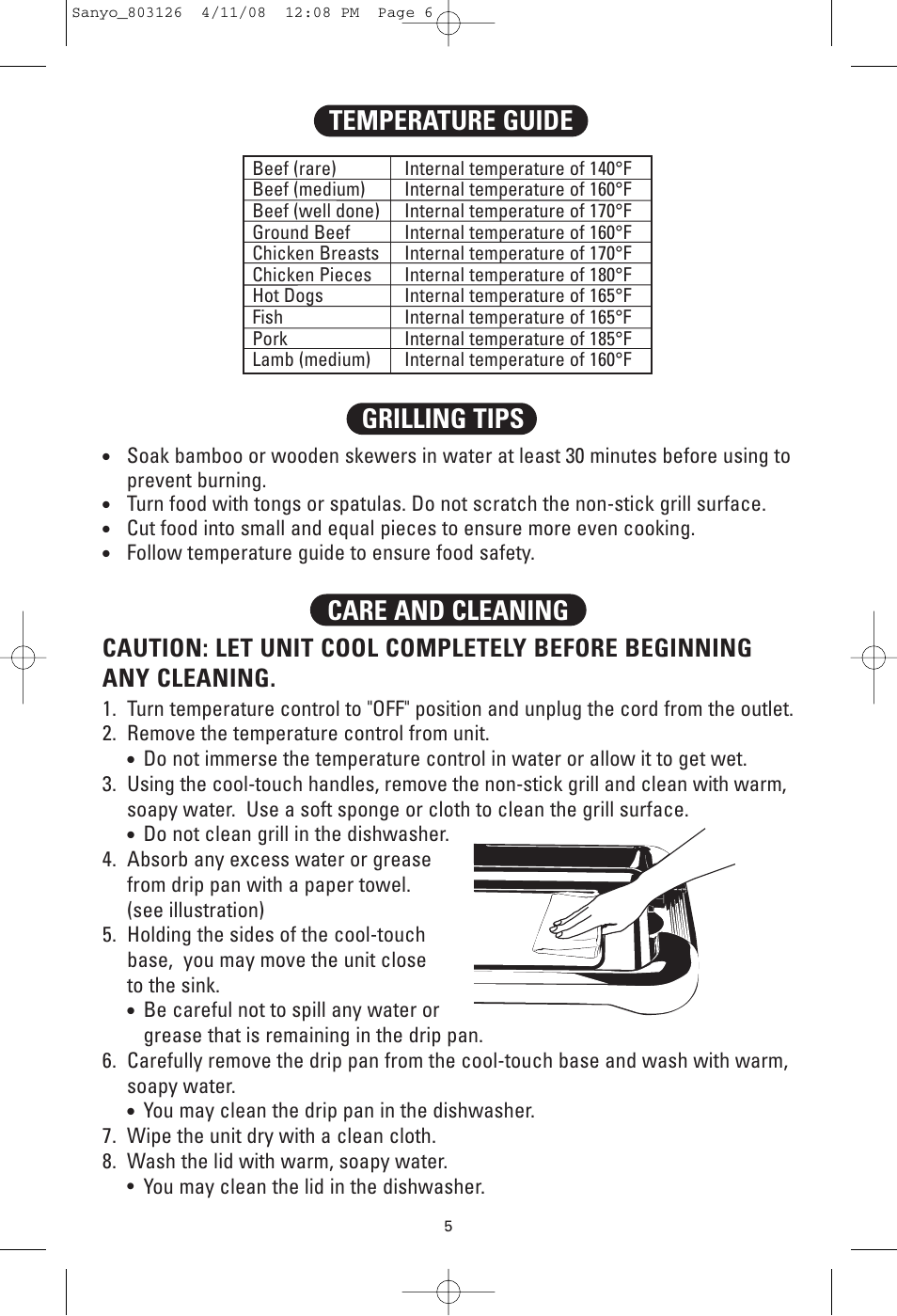 Grilling tips temperature guide care and cleaning | Sanyo HPS-SG4 User Manual | Page 6 / 16