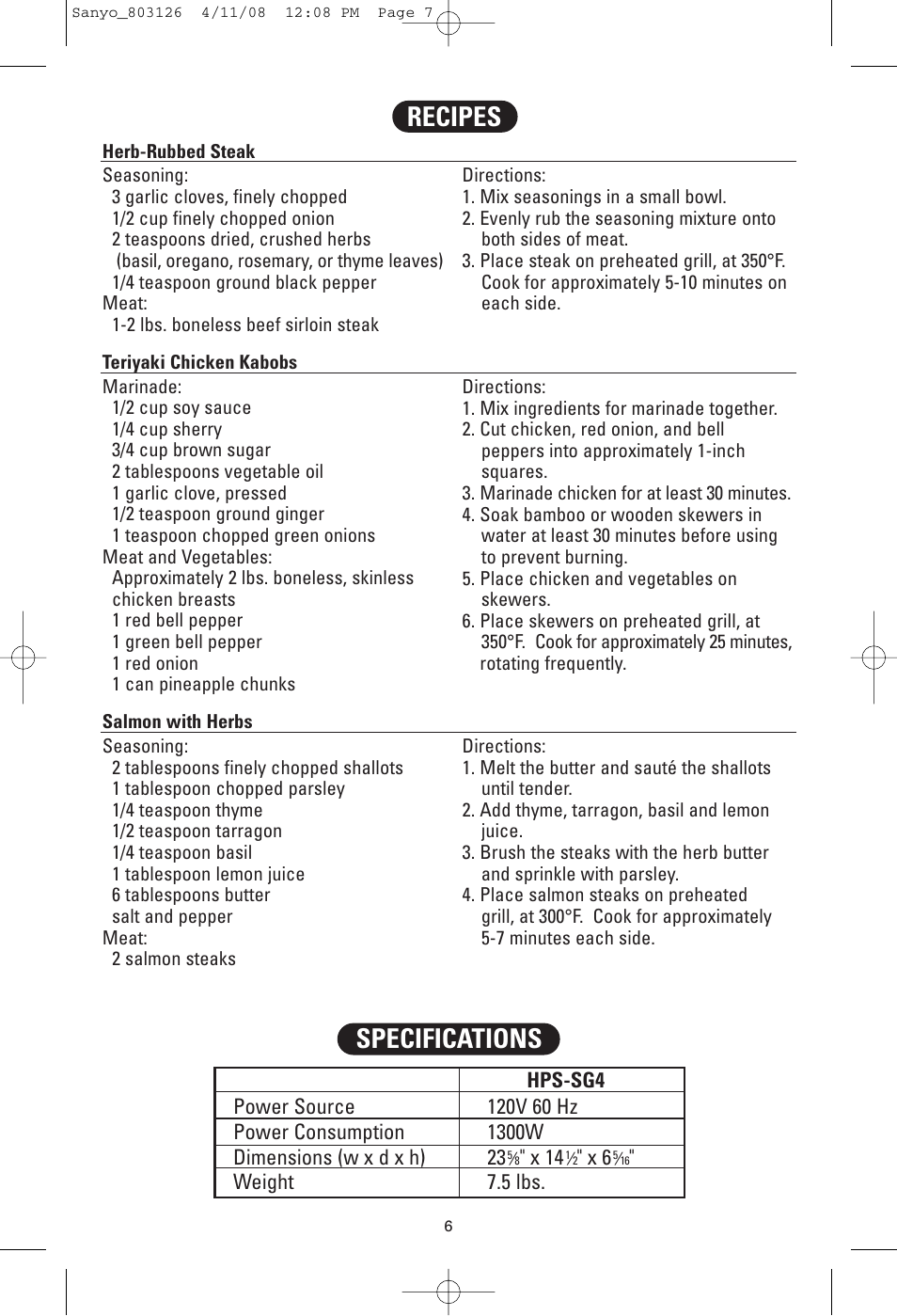 Specifications recipes | Sanyo HPS-SG4 User Manual | Page 7 / 16