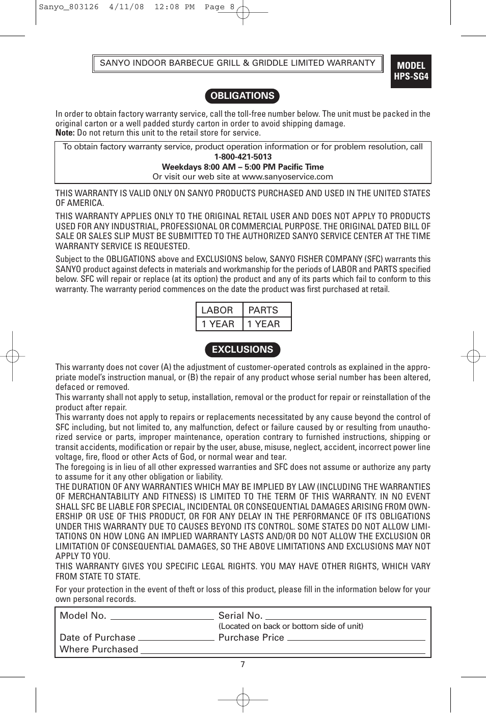 Sanyo HPS-SG4 User Manual | Page 8 / 16