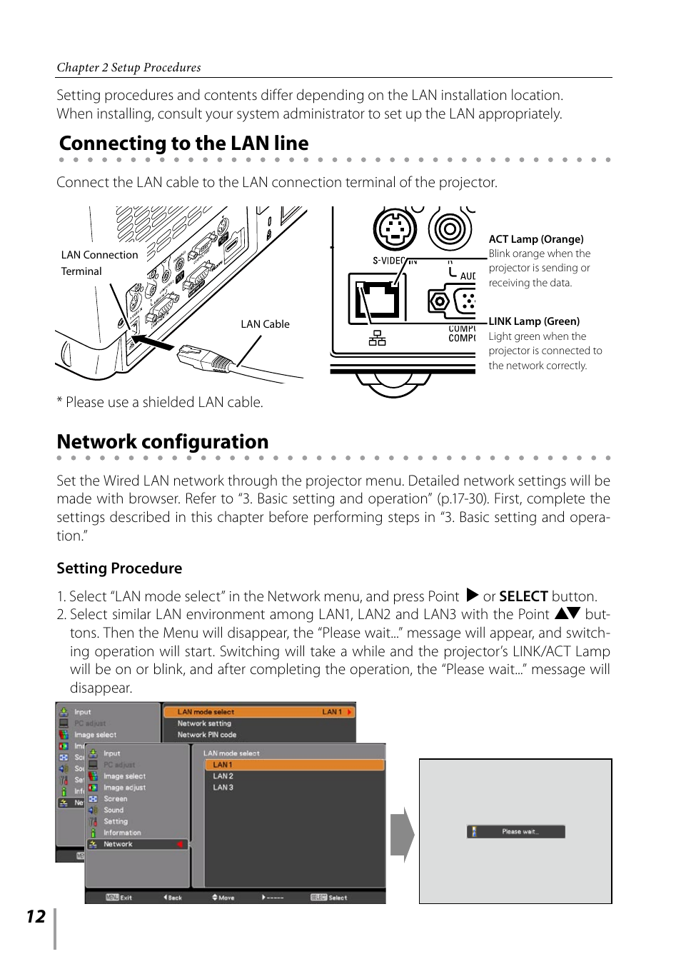 Connecting to the lan line, Network configuration | Sanyo PDG-DXL2000 User Manual | Page 12 / 60