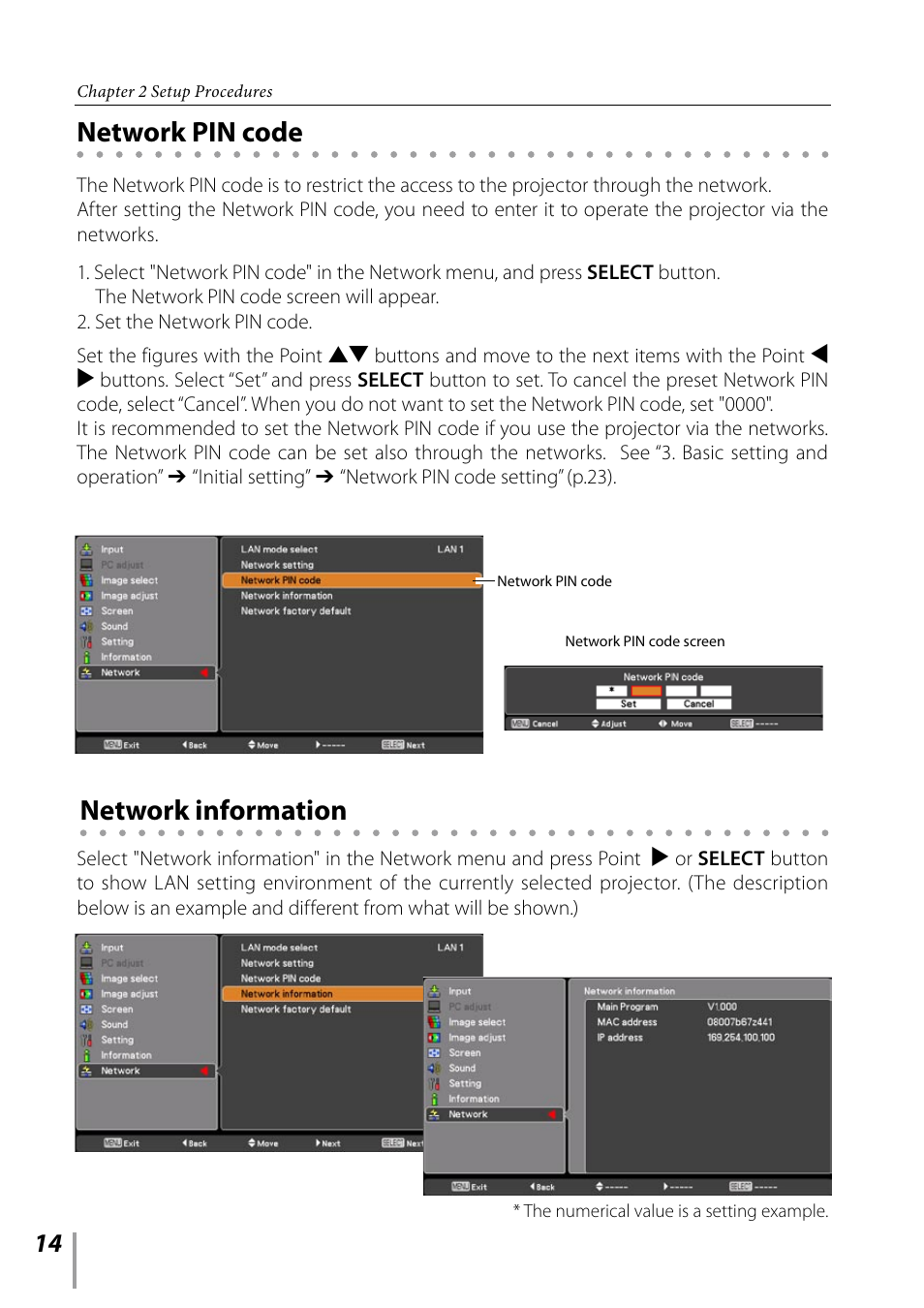 Network pin code, Network information, Network pin code network information | Sanyo PDG-DXL2000 User Manual | Page 14 / 60