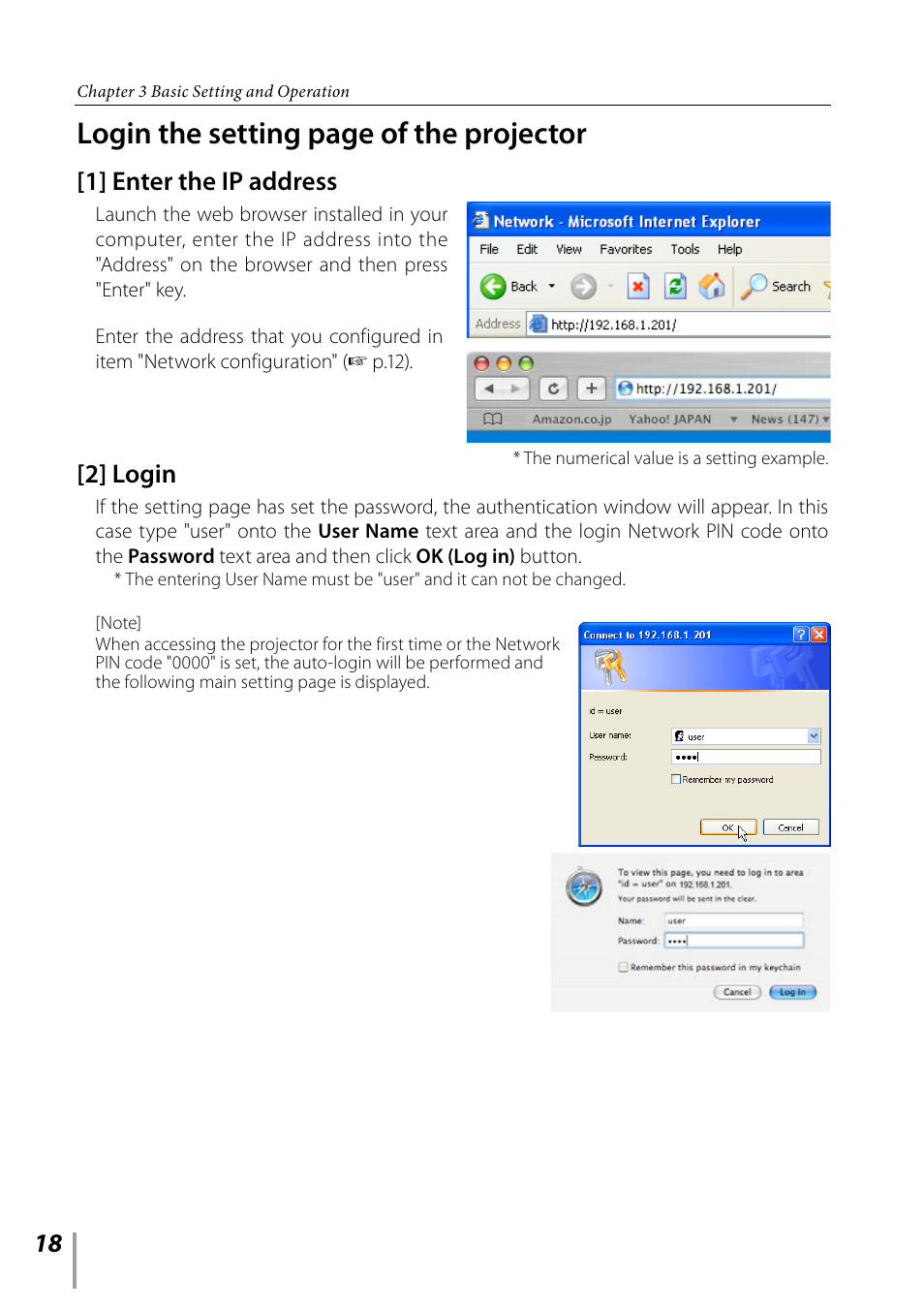 1] enter the ip address, 2] login, Login the setting page of the projector | Sanyo PDG-DXL2000 User Manual | Page 18 / 60