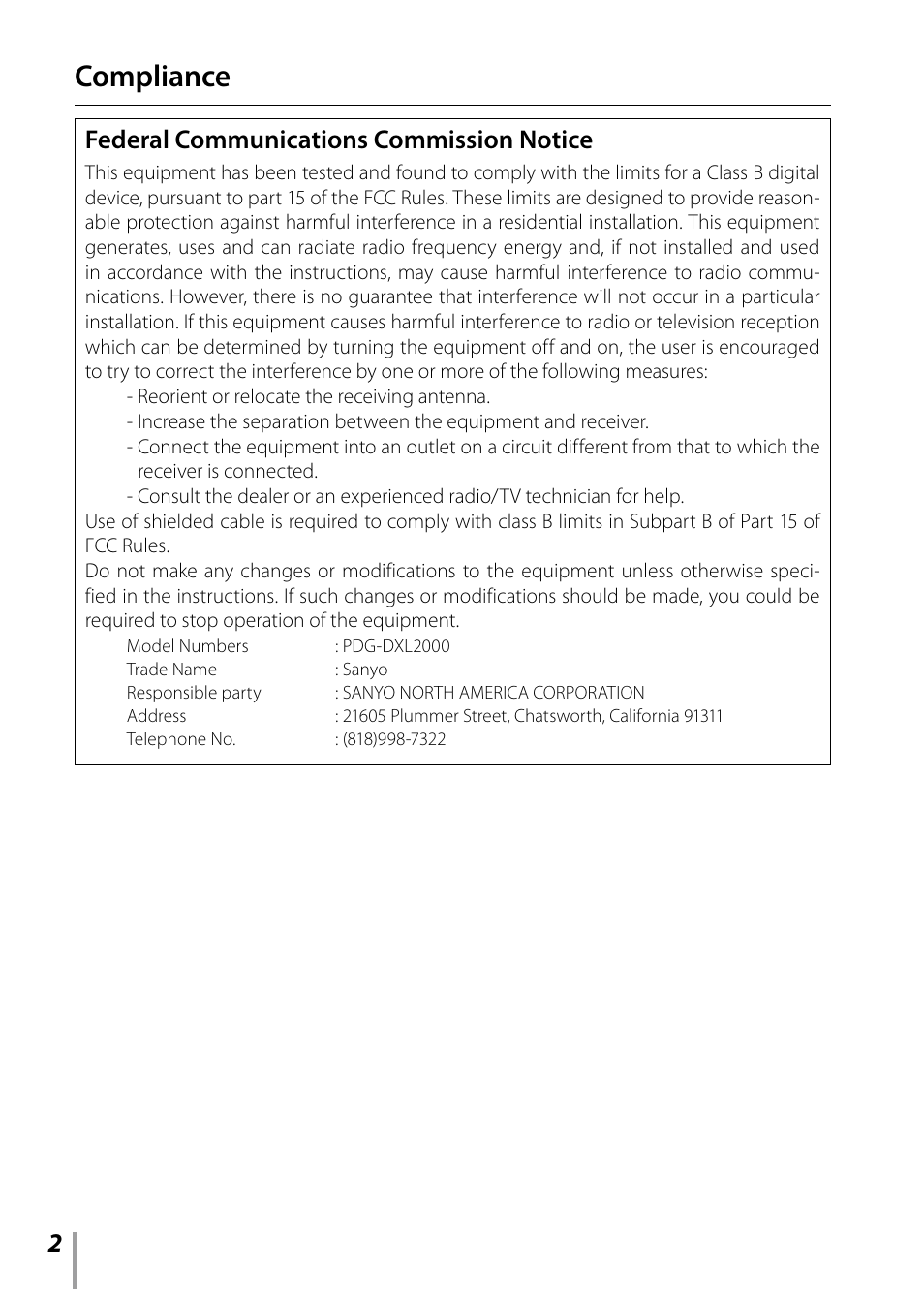 Compliance, Federal communications commission notice | Sanyo PDG-DXL2000 User Manual | Page 2 / 60