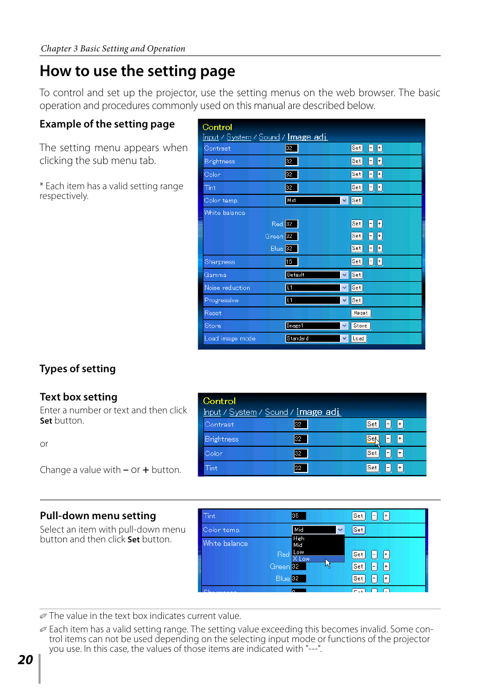 How to use the setting page | Sanyo PDG-DXL2000 User Manual | Page 20 / 60