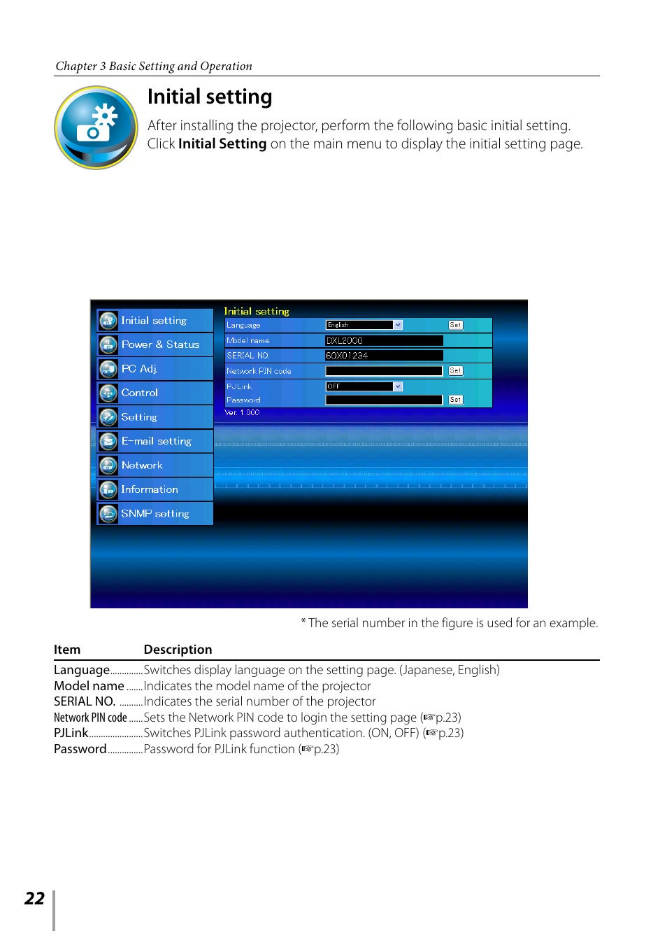 Initial setting | Sanyo PDG-DXL2000 User Manual | Page 22 / 60