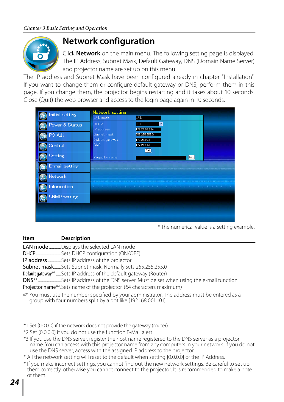 Network configuration | Sanyo PDG-DXL2000 User Manual | Page 24 / 60