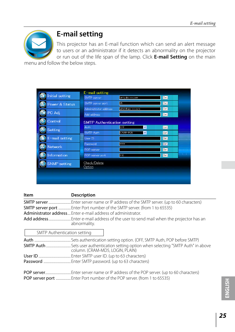 E-mail setting, English | Sanyo PDG-DXL2000 User Manual | Page 25 / 60