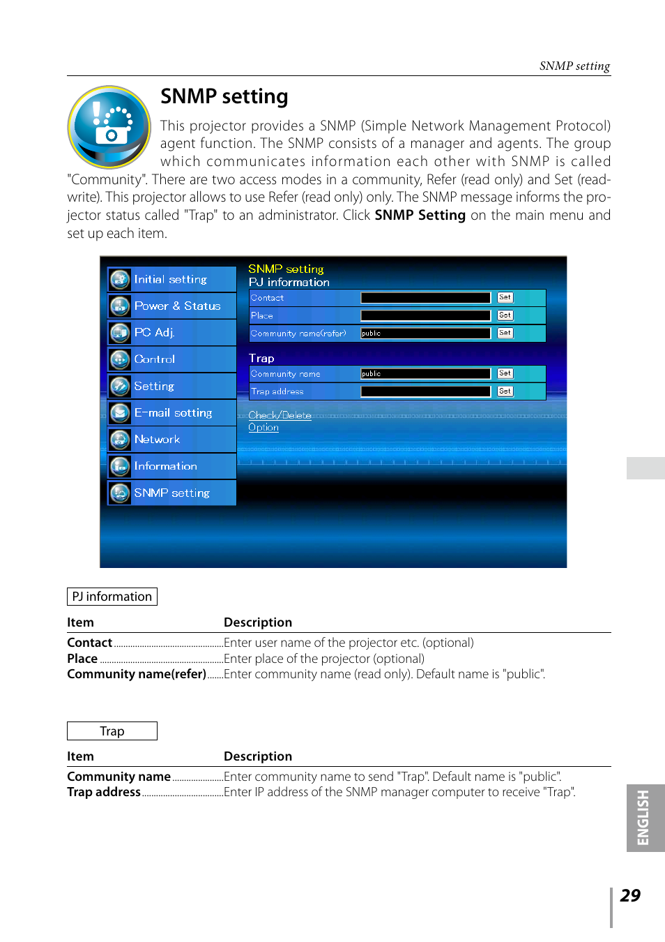 Snmp setting | Sanyo PDG-DXL2000 User Manual | Page 29 / 60