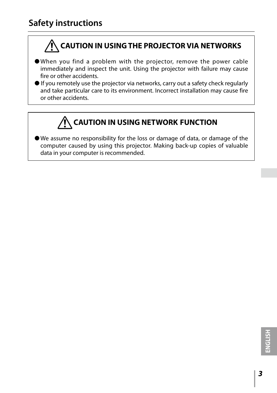 Safety instructions, Caution in using the projector via networks, Caution in using network function | Sanyo PDG-DXL2000 User Manual | Page 3 / 60