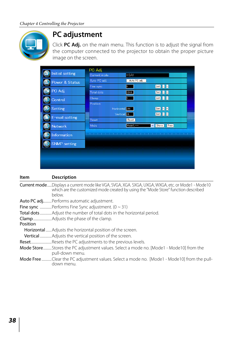 Pc adjustment | Sanyo PDG-DXL2000 User Manual | Page 38 / 60