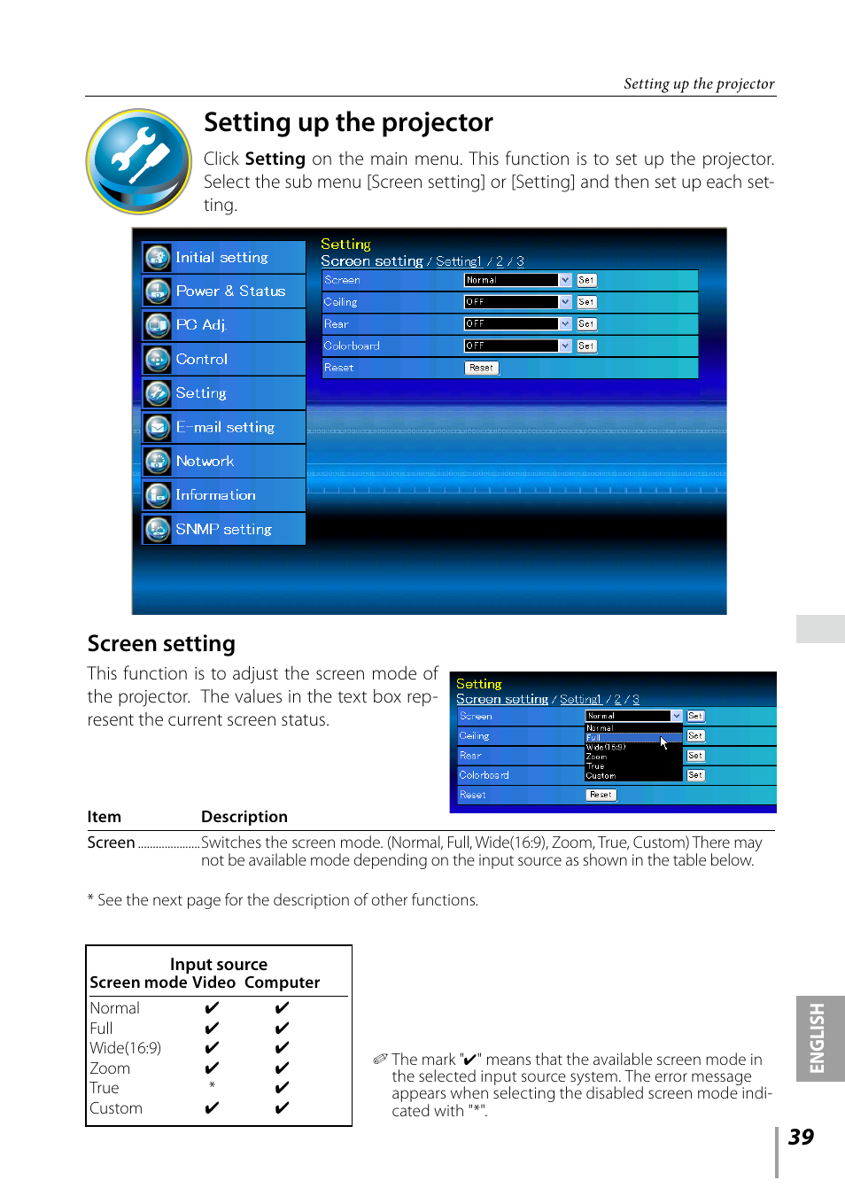 Setting up the projector, Screen setting | Sanyo PDG-DXL2000 User Manual | Page 39 / 60