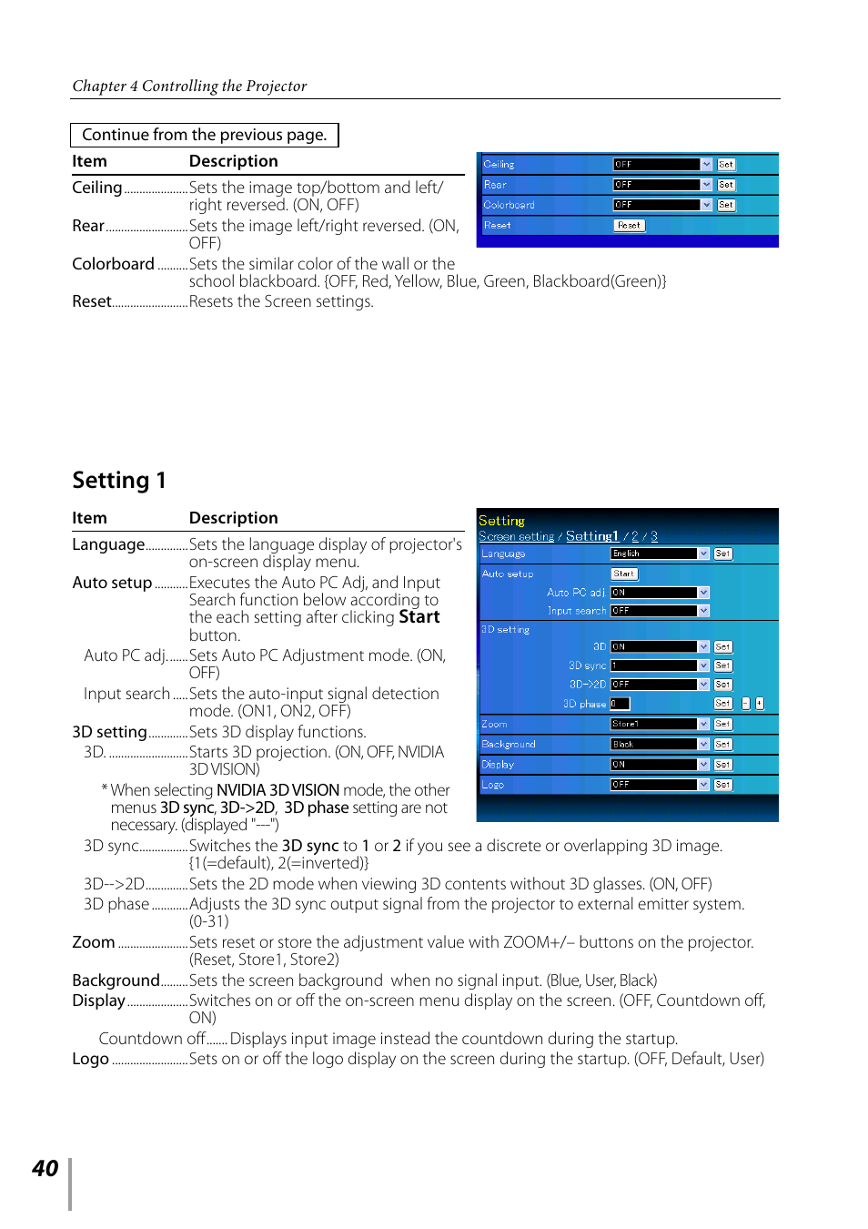 Setting 1 | Sanyo PDG-DXL2000 User Manual | Page 40 / 60