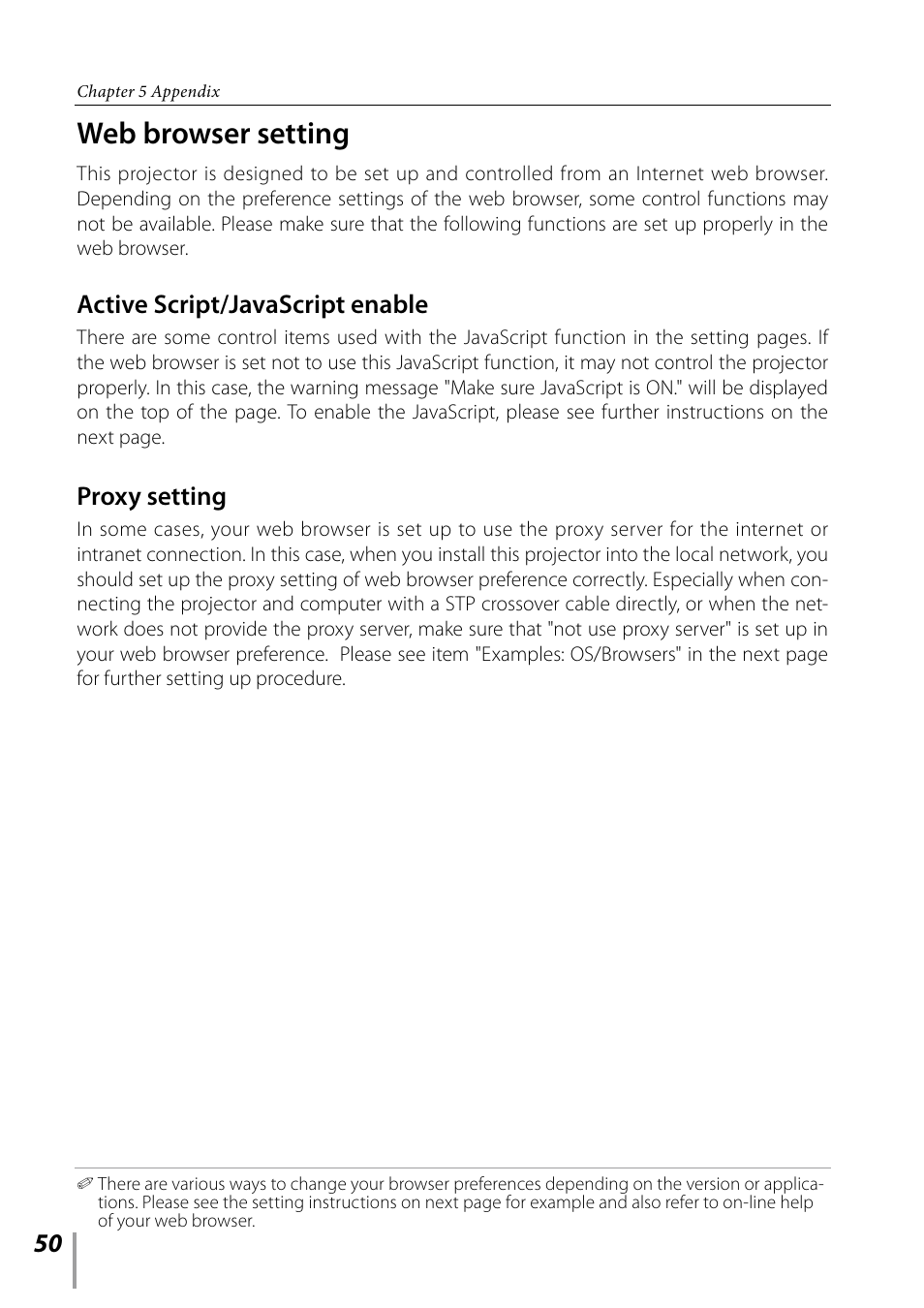 Web browser setting, Active script/javascript enable, Proxy setting | Sanyo PDG-DXL2000 User Manual | Page 50 / 60