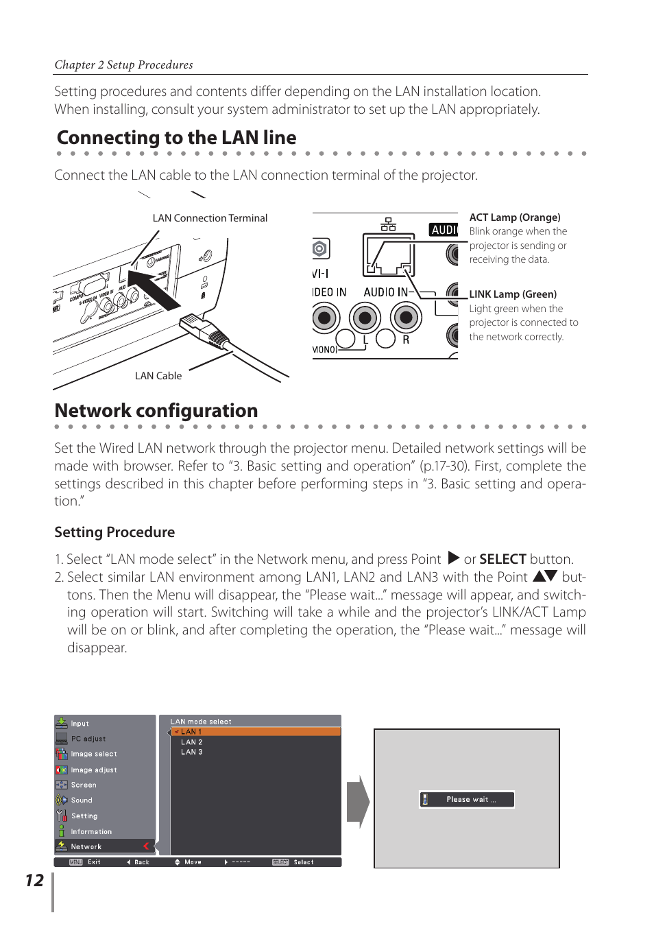 Connecting to the lan line, Network configuration | Sanyo PLC-XC56 User Manual | Page 12 / 60